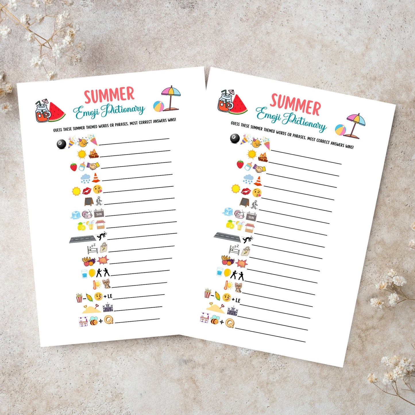 Summer Emoji Pictionary Game Printable, Summertime Activities for Adults & Kids, Fun Pool Party Games, Family Trivia Game, Emoji Quiz Game