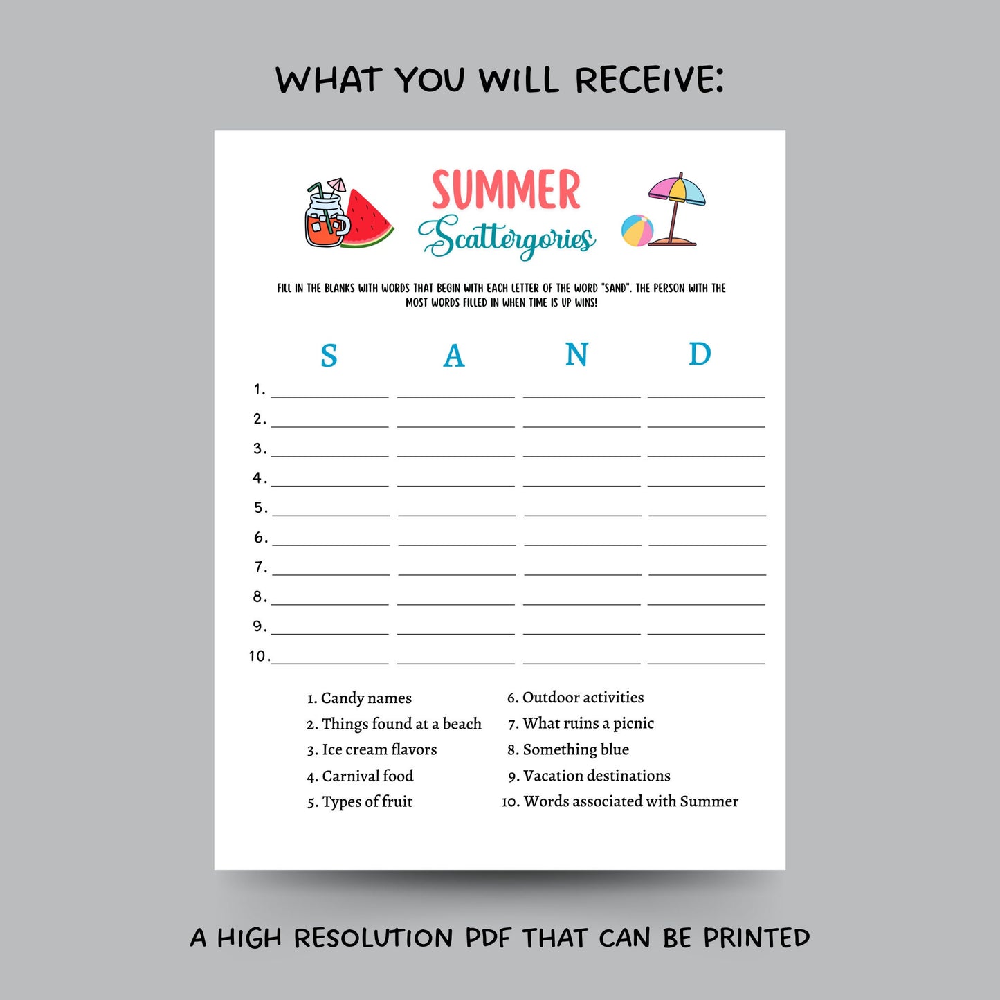 Summer Scattergories Game Printable, Pool Party Game, Summer Camp Activity, Fun Beach Game for Kids, Summer Break Vacation Idea, Icebreakers