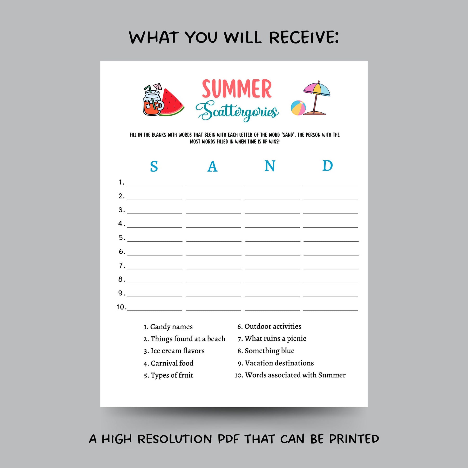 Summer Scattergories Game Printable, Pool Party Game, Summer Camp Activity, Fun Beach Game for Kids, Summer Break Vacation Idea, Icebreakers