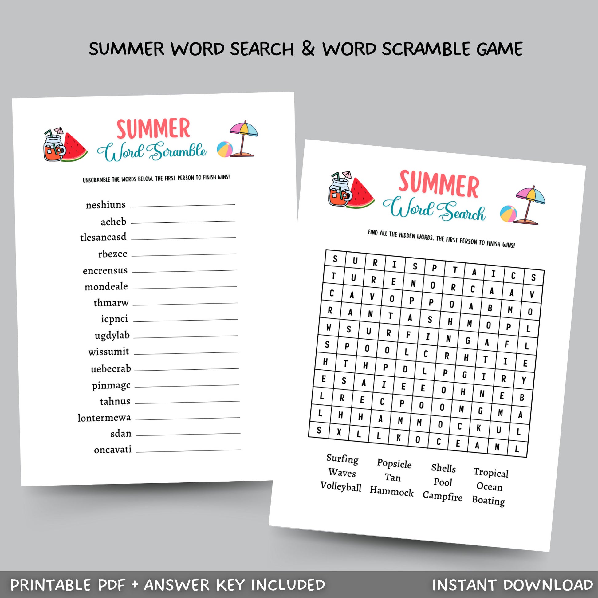Summer Word Search Game Printable, Pool Party Games, Summer Camp Unscramble Activity, Fun Beach Games for Kids, Summer Break Vacation Ideas