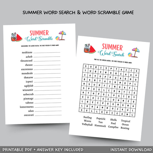 Summer Word Search Game Printable, Pool Party Games, Summer Camp Unscramble Activity, Fun Beach Games for Kids, Summer Break Vacation Ideas