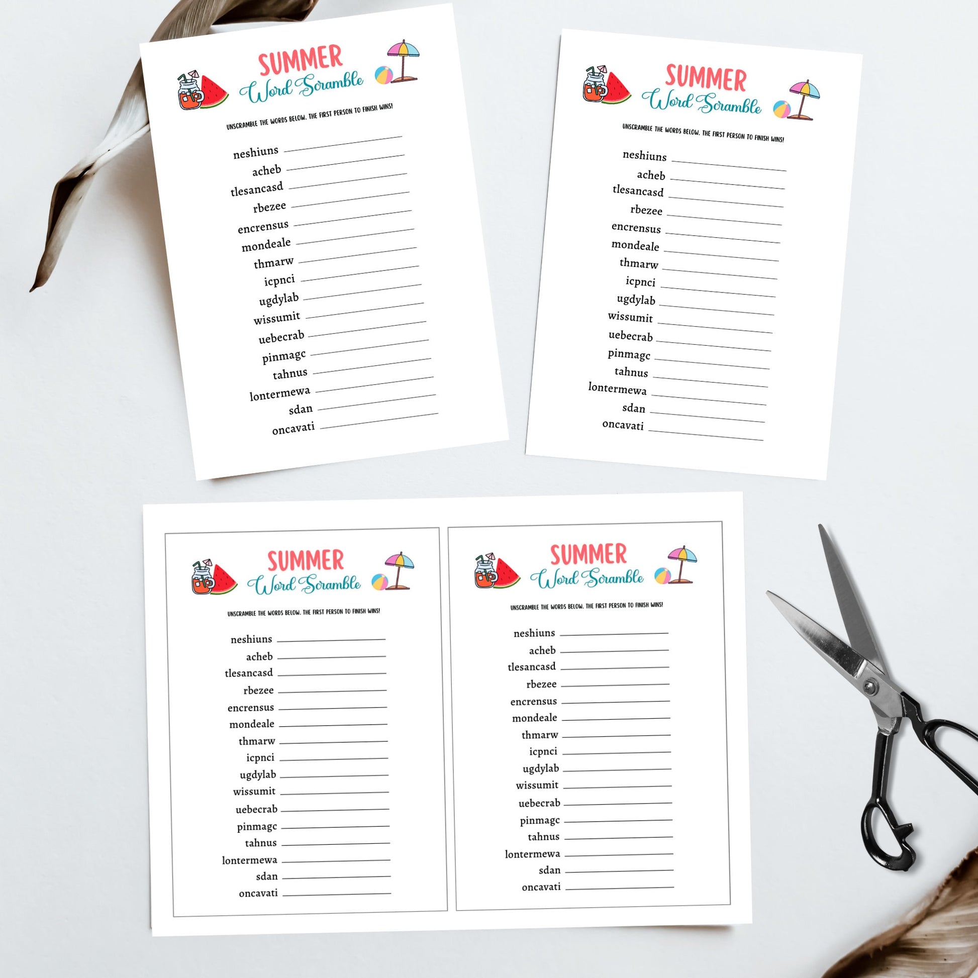 Summer Word Search Game Printable, Pool Party Games, Summer Camp Unscramble Activity, Fun Beach Games for Kids, Summer Break Vacation Ideas