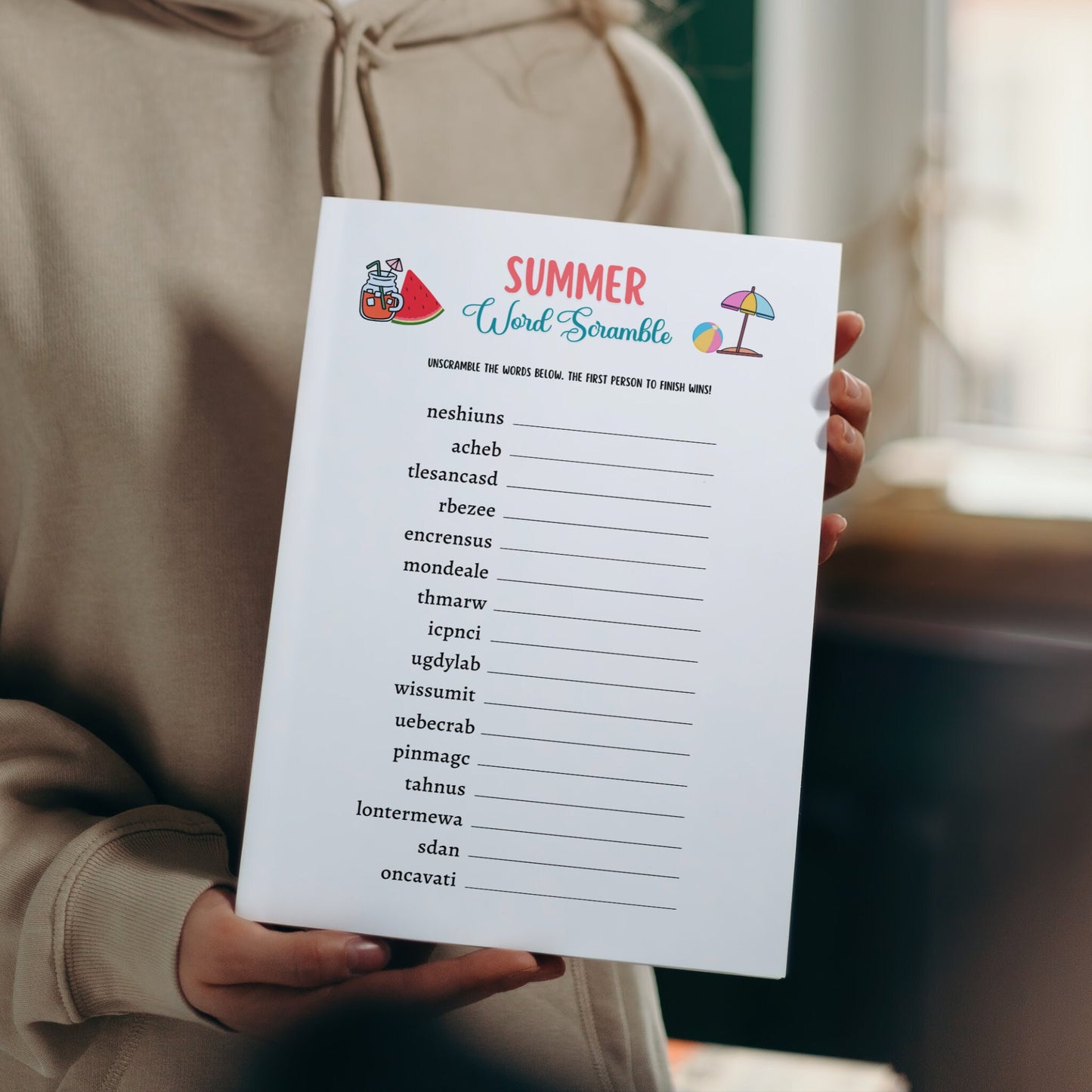 Summer Word Search Game Printable, Pool Party Games, Summer Camp Unscramble Activity, Fun Beach Games for Kids, Summer Break Vacation Ideas