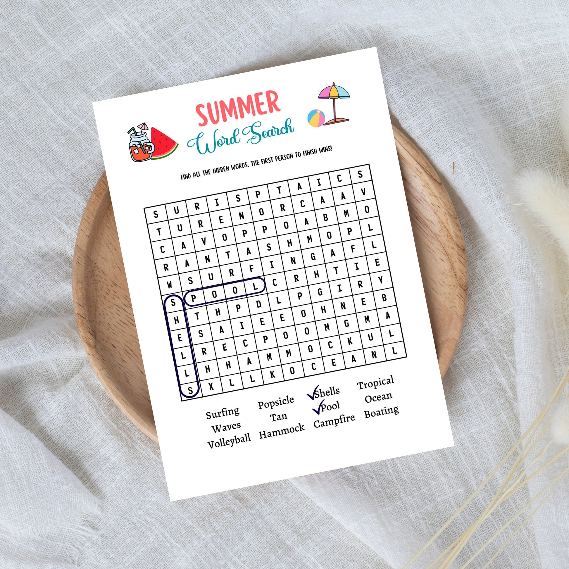 Summer Word Search Game Printable, Pool Party Games, Summer Camp Unscramble Activity, Fun Beach Games for Kids, Summer Break Vacation Ideas