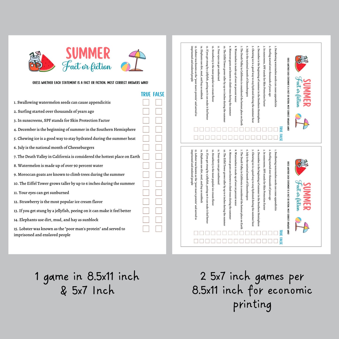 Summer Trivia Game Printable, Pool Party Games, Summer Camp Fact or Fiction Activity, Fun Beach Games for Kids, Summer Break Vacation Ideas
