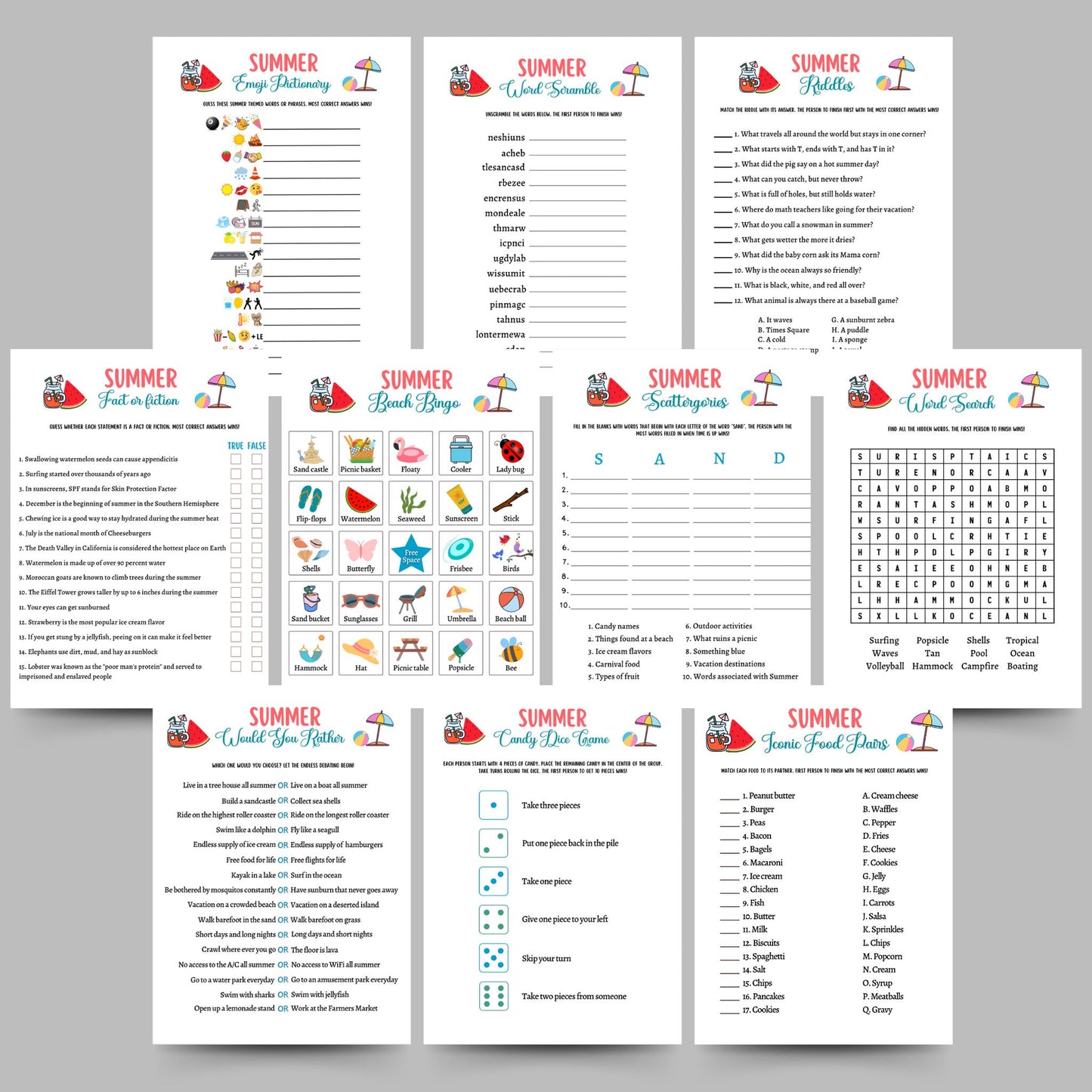 Summer Games Bundle Printable, Summer Camp Activity, Summertime Beach Party Game Adult and Kids, Fun Family Activity, Vacation Travel Trivia