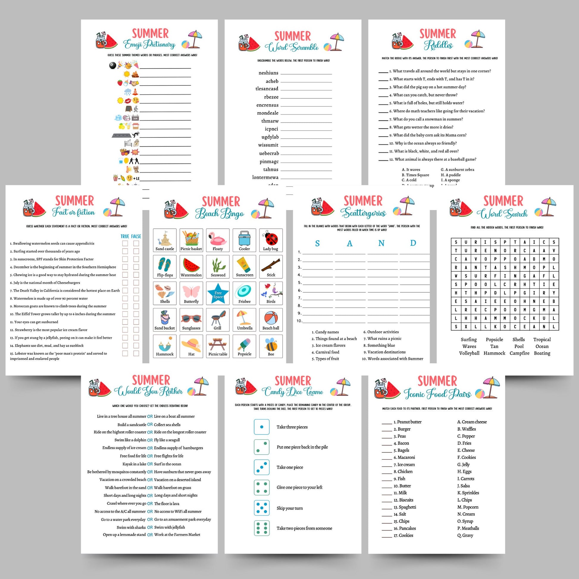 Summer Games Bundle Printable, Summer Camp Activity, Summertime Beach Party Game Adult and Kids, Fun Family Activity, Vacation Travel Trivia