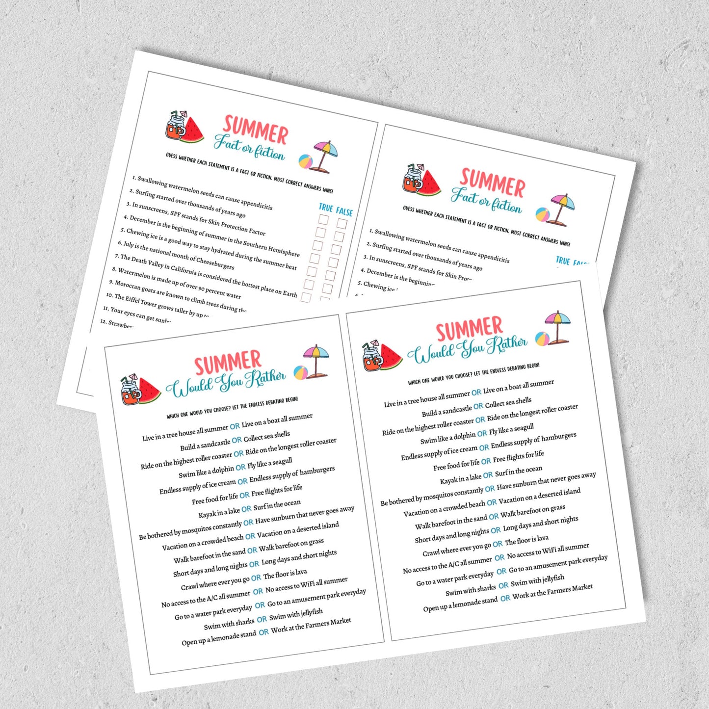 Summer Games Bundle Printable, Summer Camp Activity, Summertime Beach Party Game Adult and Kids, Fun Family Activity, Vacation Travel Trivia
