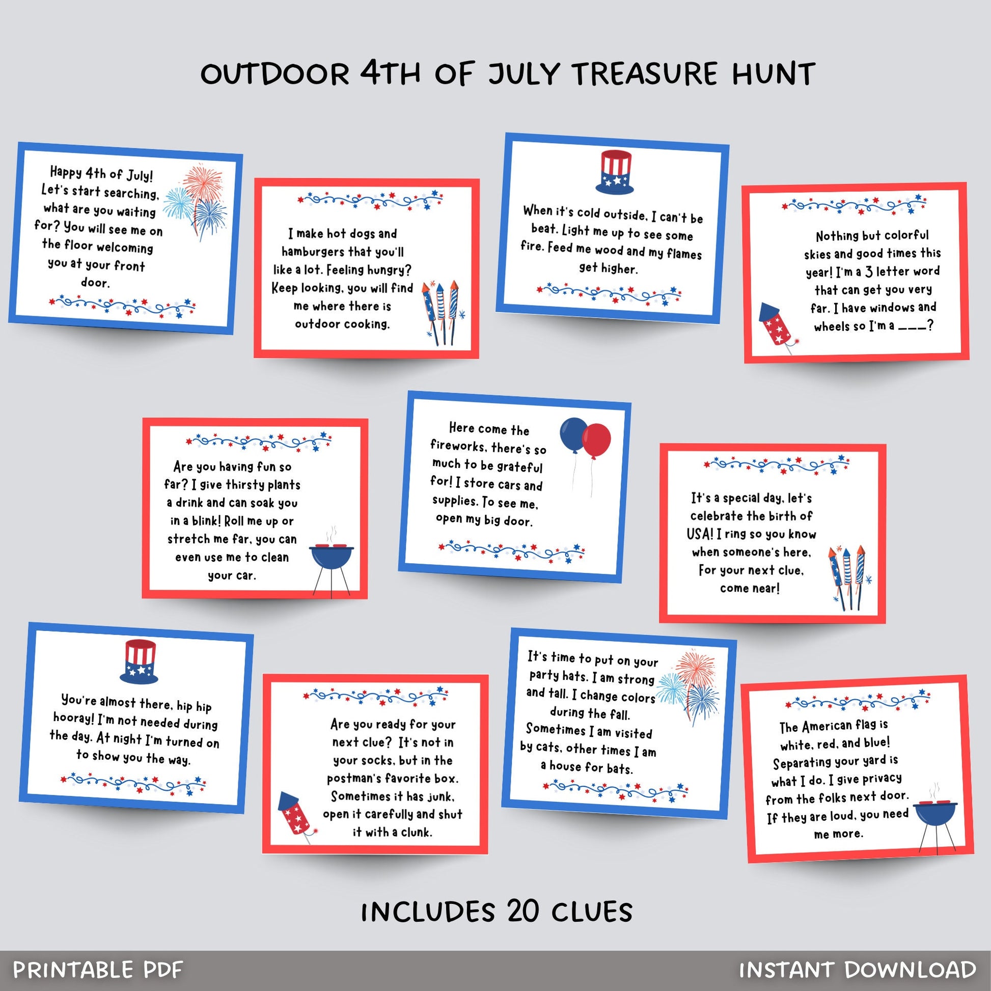 4th of July Treasure Hunt Printable, Outdoor Scavenger Hunt Clues for Kids, Independence Day Party Games, Tween Teen Summer Family Activity