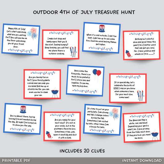 4th of July Treasure Hunt Printable, Outdoor Scavenger Hunt Clues for Kids, Independence Day Party Games, Tween Teen Summer Family Activity