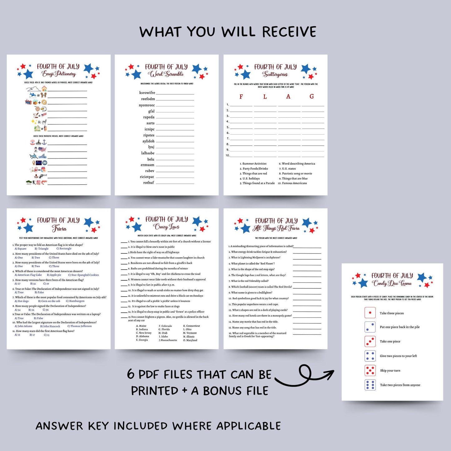 4th of July Party Games Printable, Independence Day Patriotic American Trivia Games, Fourth of July Fun Family Activity for Kids and Adults