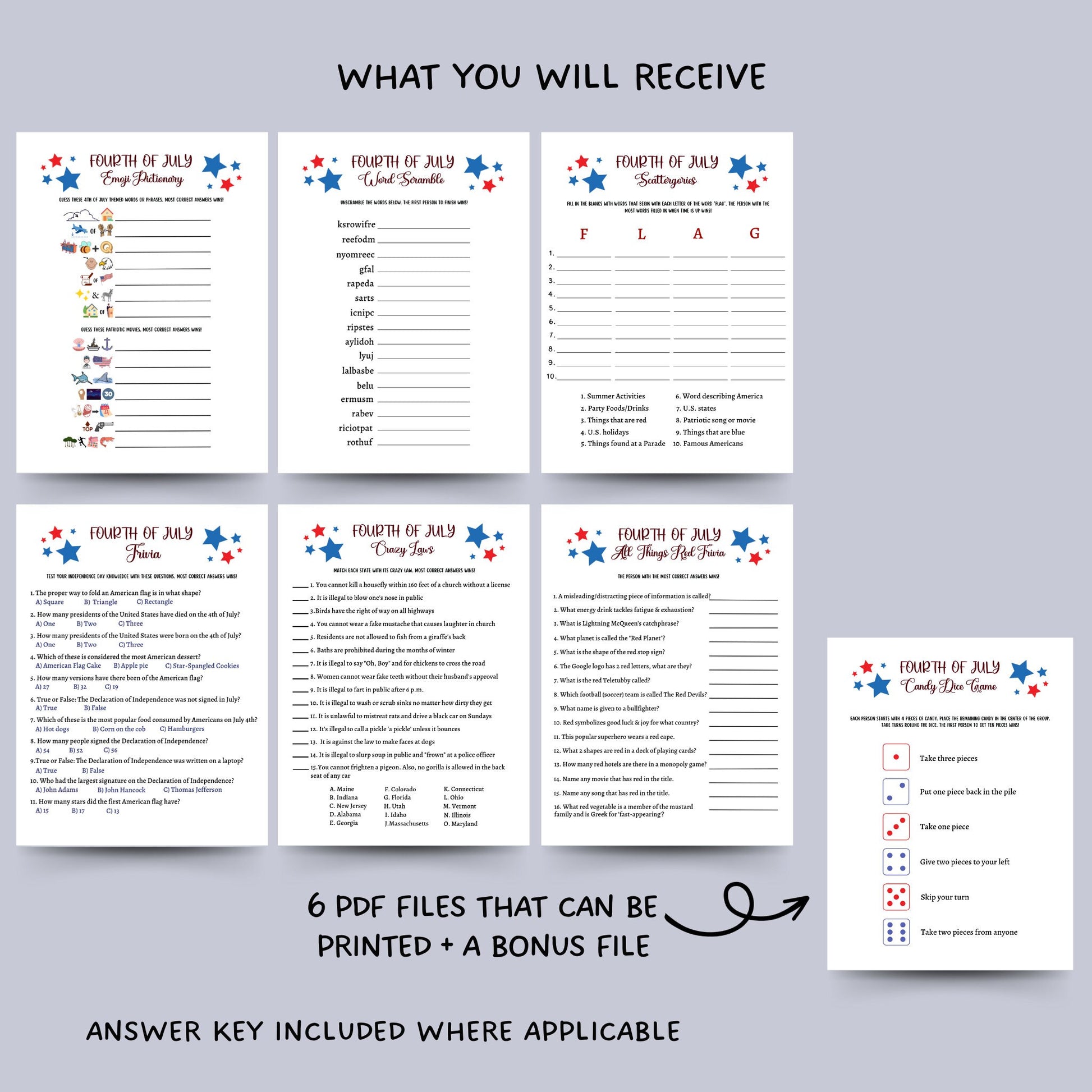 4th of July Party Games Printable, Independence Day Patriotic American Trivia Games, Fourth of July Fun Family Activity for Kids and Adults