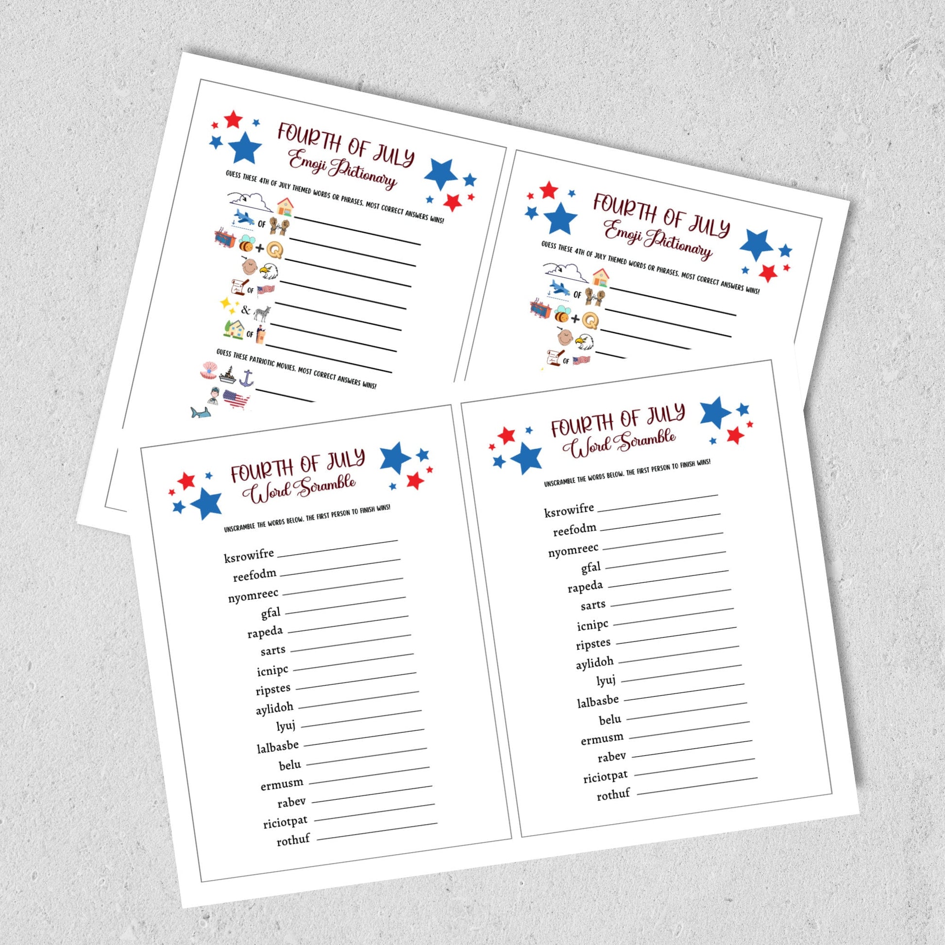 4th of July Party Games Printable, Independence Day Patriotic American Trivia Games, Fourth of July Fun Family Activity for Kids and Adults