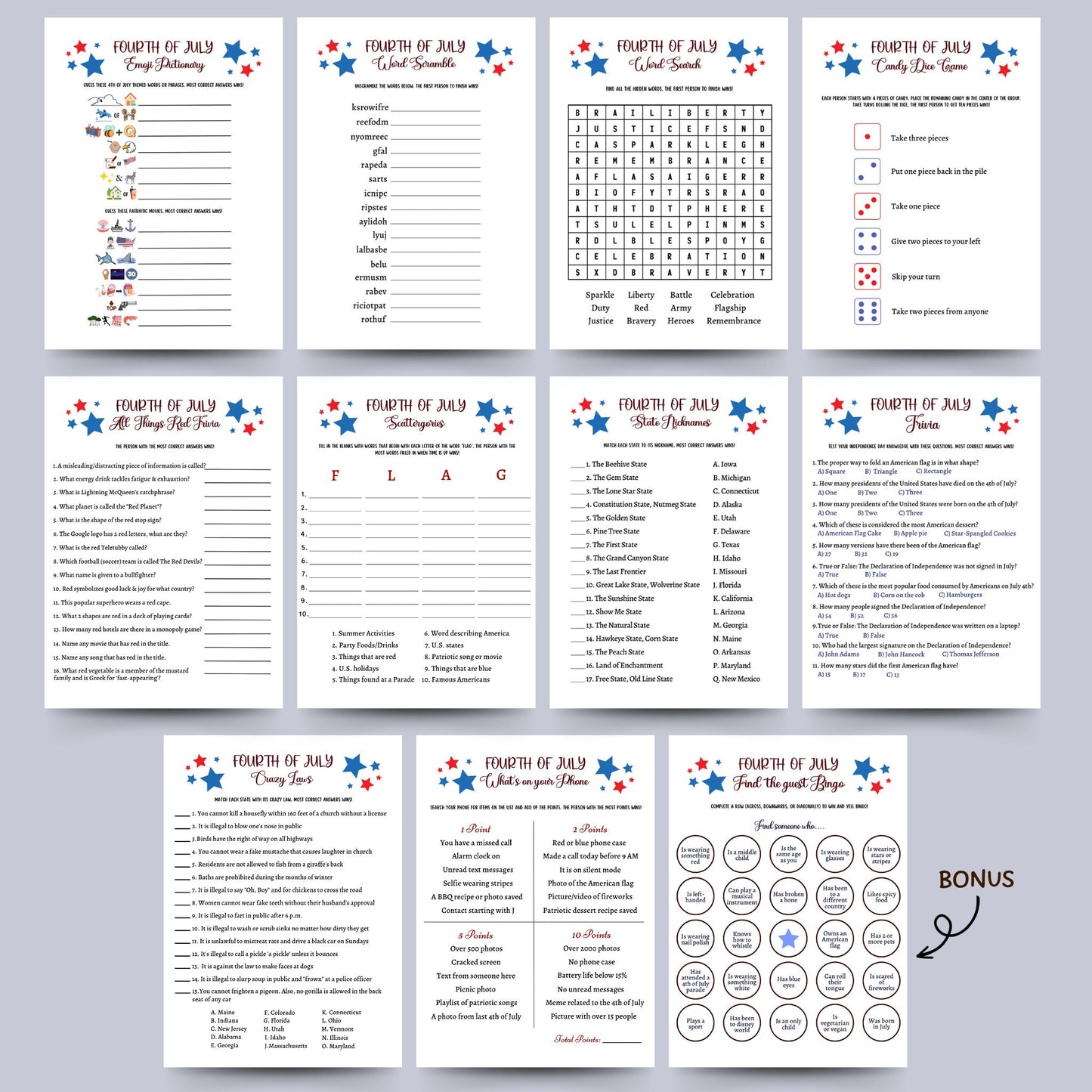 4th of July Games Printable, Independence Day Patriotic American Trivia Games, Party Games, Fourth of July Family Activity Kids and Adults