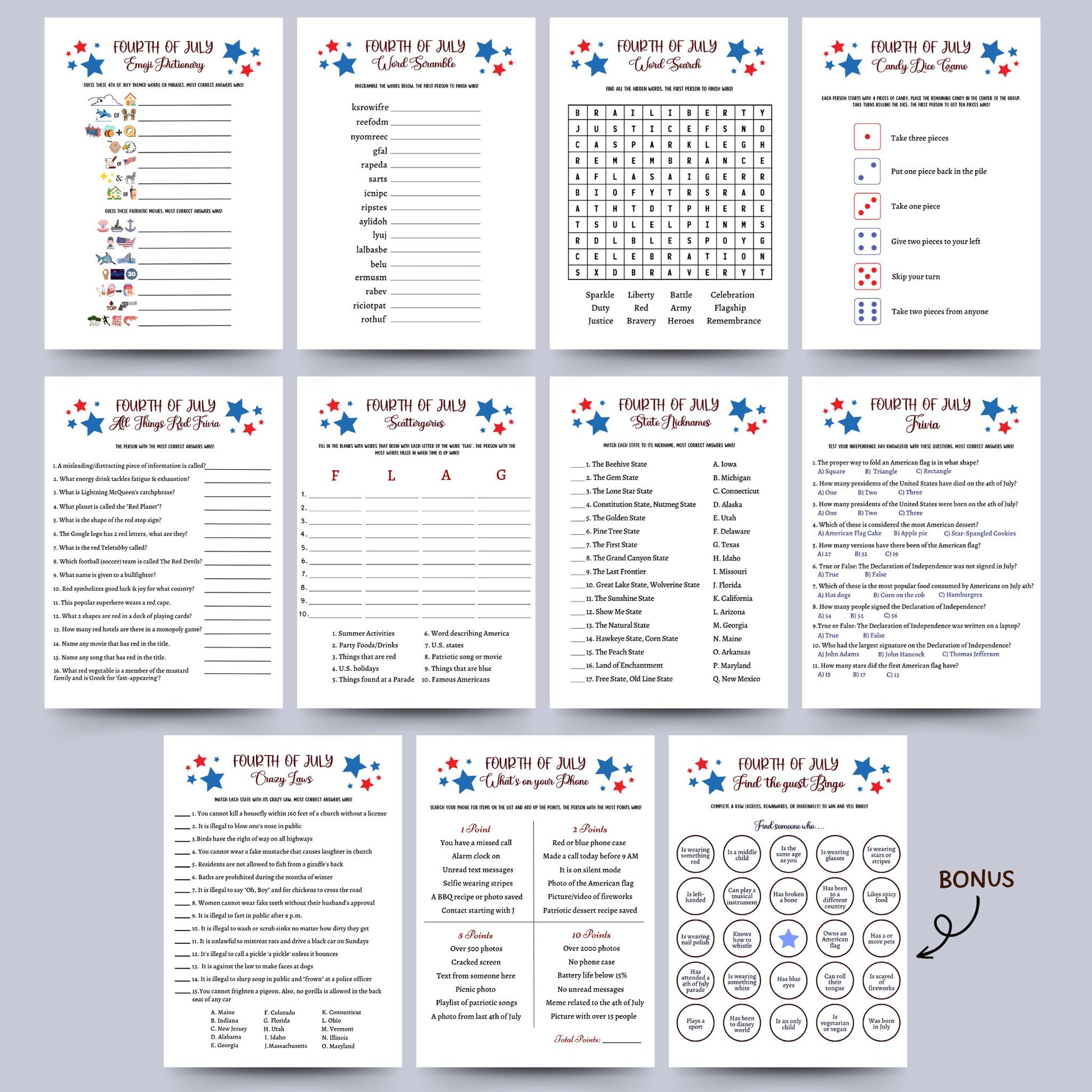 4th of July Games Printable, Independence Day Patriotic American Trivia Games, Party Games, Fourth of July Family Activity Kids and Adults