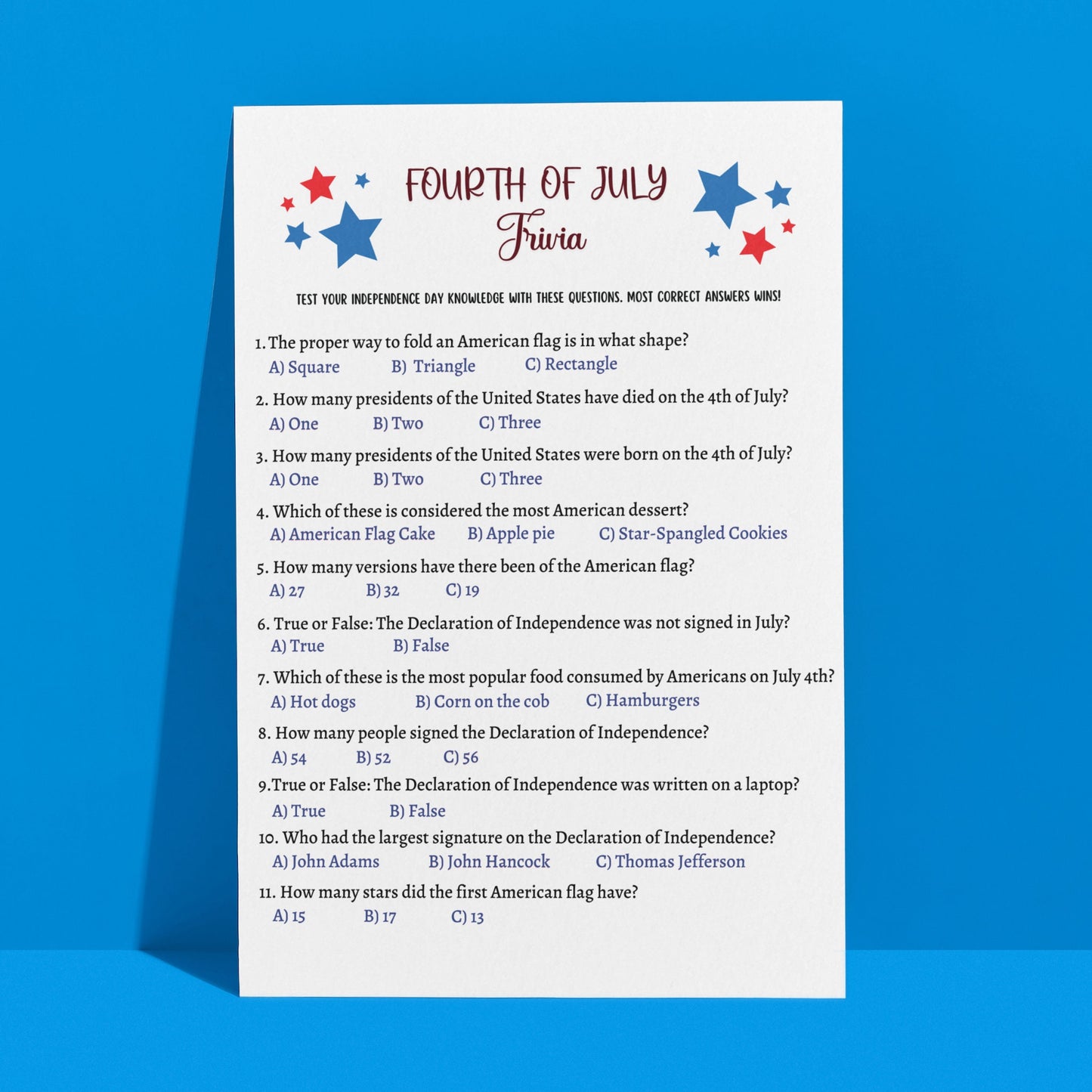 4th of July Games Printable, Independence Day Patriotic American Trivia Games, Party Games, Fourth of July Family Activity Kids and Adults