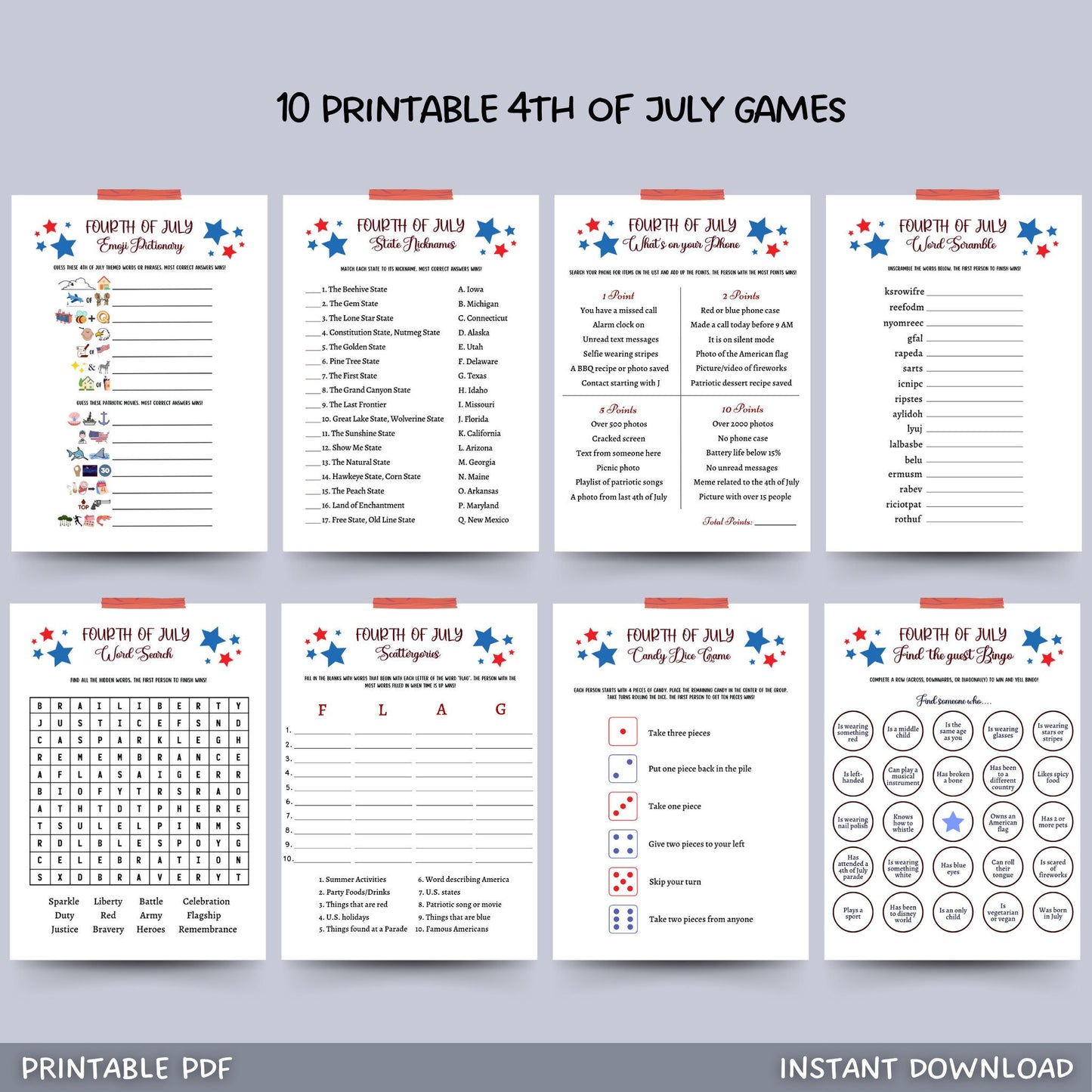 4th of July Games Printable, Independence Day Patriotic American Trivia Games, Party Games, Fourth of July Family Activity Kids and Adults