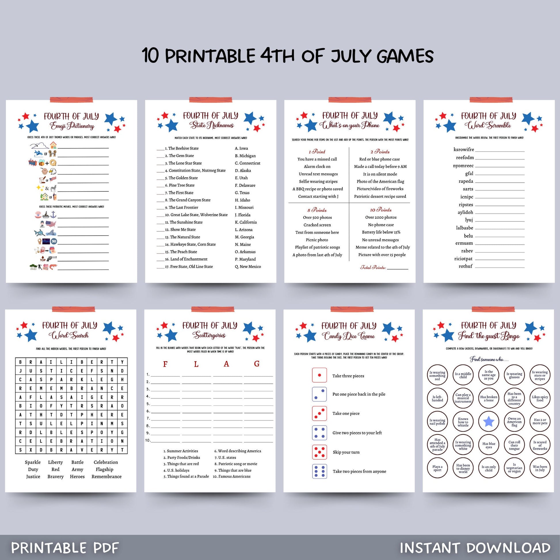 4th of July Games Printable, Independence Day Patriotic American Trivia Games, Party Games, Fourth of July Family Activity Kids and Adults