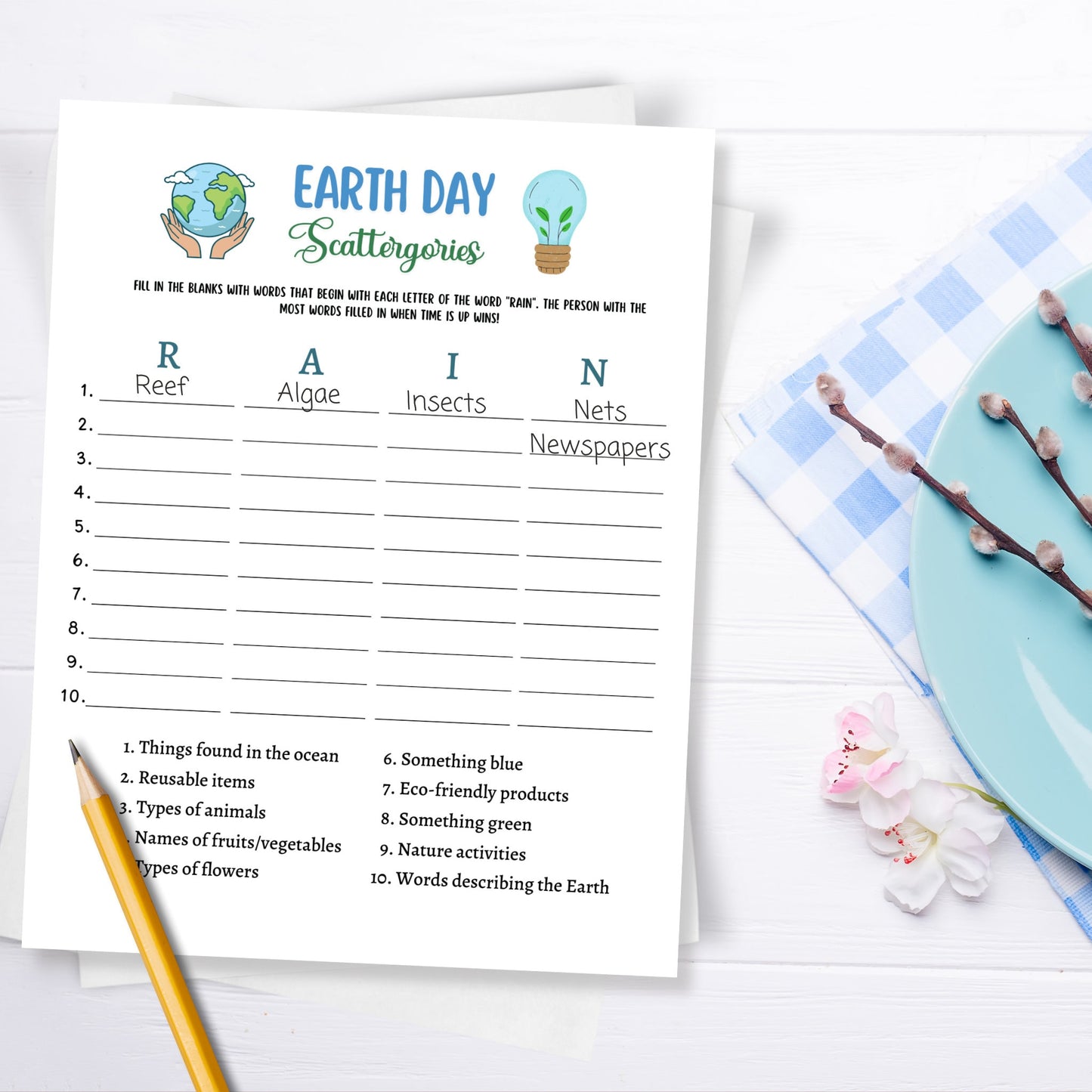 Earth Day Games Printable, Environmental Activity Trivia, Scattergories Party Game for Kids And Adults, Family Game, Classroom Lesson Game