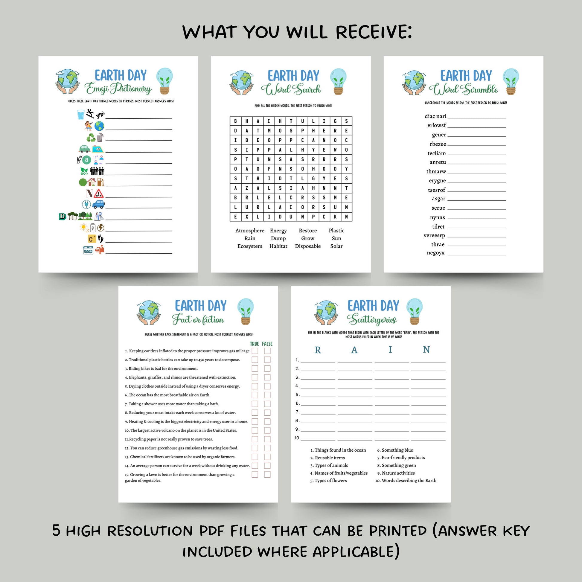 Earth Day Games Bundle Printable, Environmental Activities Adults & Kids, Party Game, Fun Family Group Game, Classroom Game, Earth Lesson