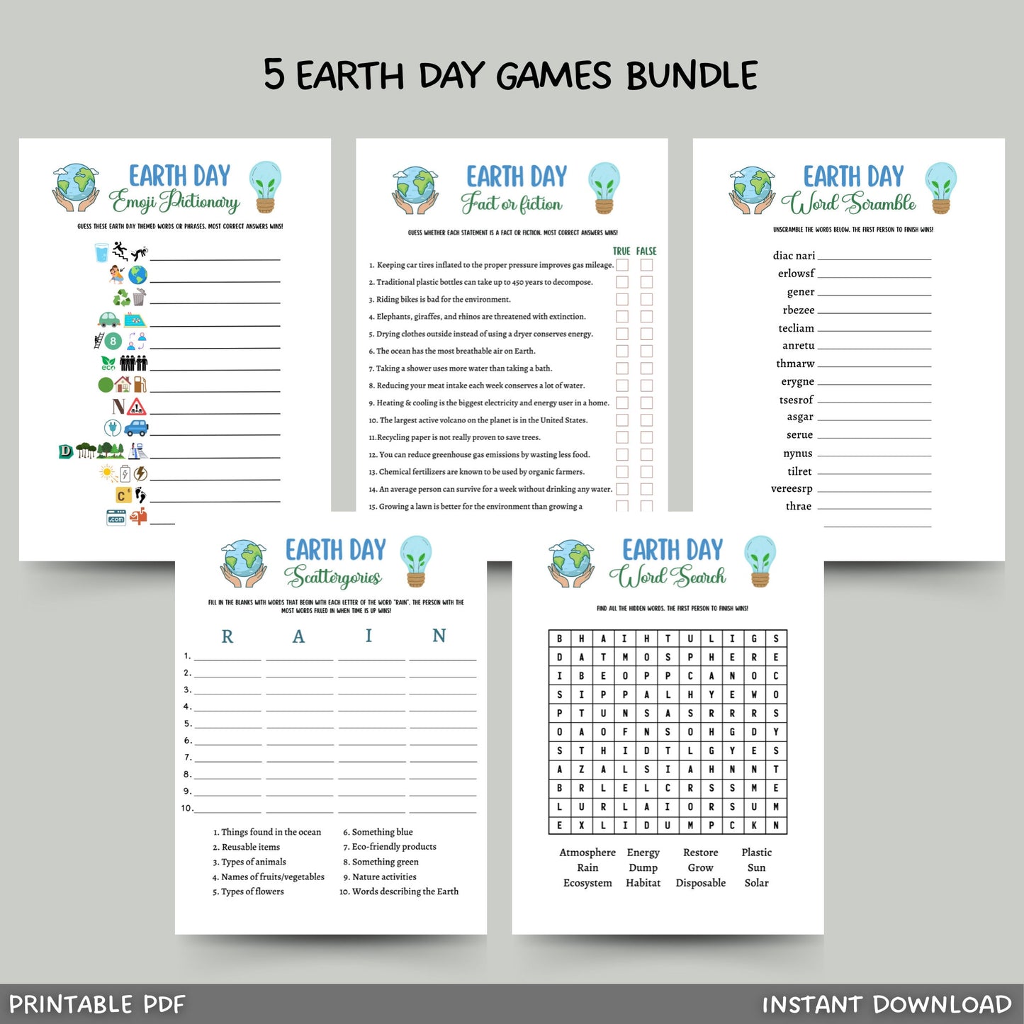 Earth Day Games Bundle Printable, Environmental Activities Adults & Kids, Party Game, Fun Family Group Game, Classroom Game, Earth Lesson