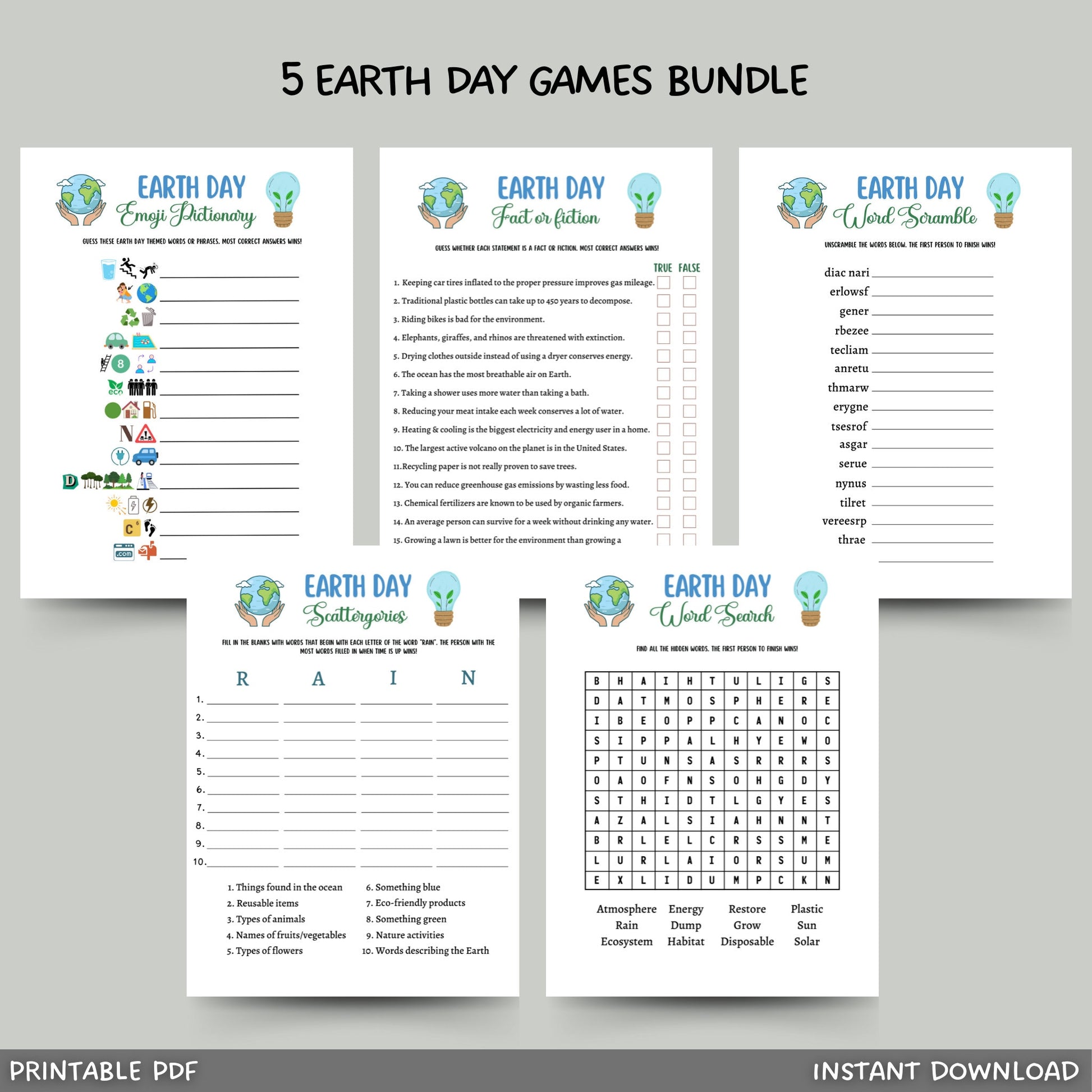 Earth Day Games Bundle Printable, Environmental Activities Adults & Kids, Party Game, Fun Family Group Game, Classroom Game, Earth Lesson