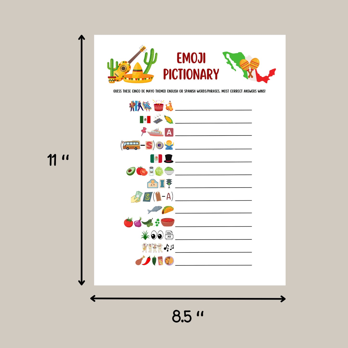 Cinco de Mayo Emoji Pictionary Game Printable, Fun Mexican Party Game Adults & Kids, Work Office Party, Family Fiesta Game, Classroom Game