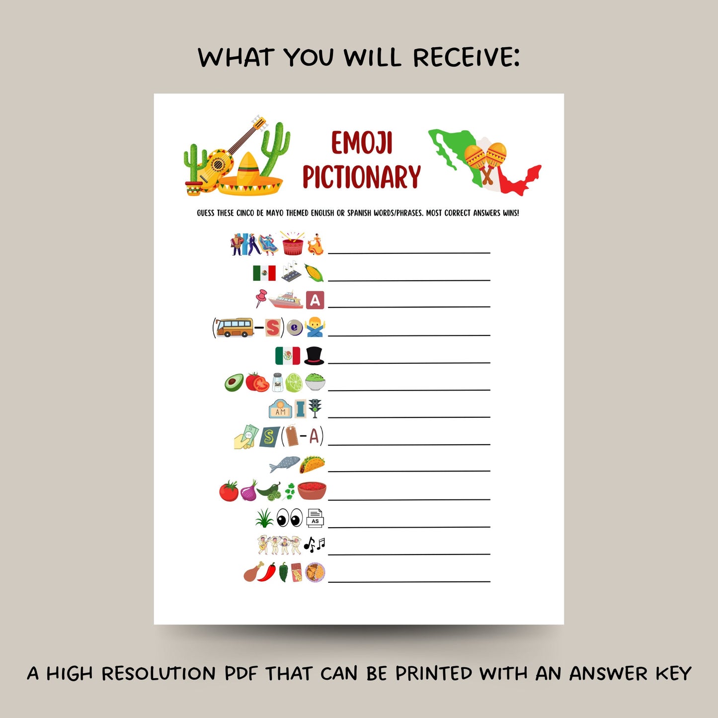Cinco de Mayo Emoji Pictionary Game Printable, Fun Mexican Party Game Adults & Kids, Work Office Party, Family Fiesta Game, Classroom Game