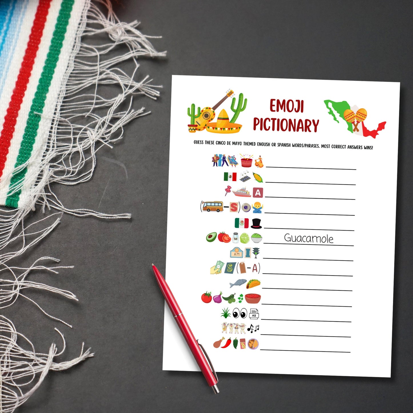 Cinco de Mayo Emoji Pictionary Game Printable, Fun Mexican Party Game Adults & Kids, Work Office Party, Family Fiesta Game, Classroom Game