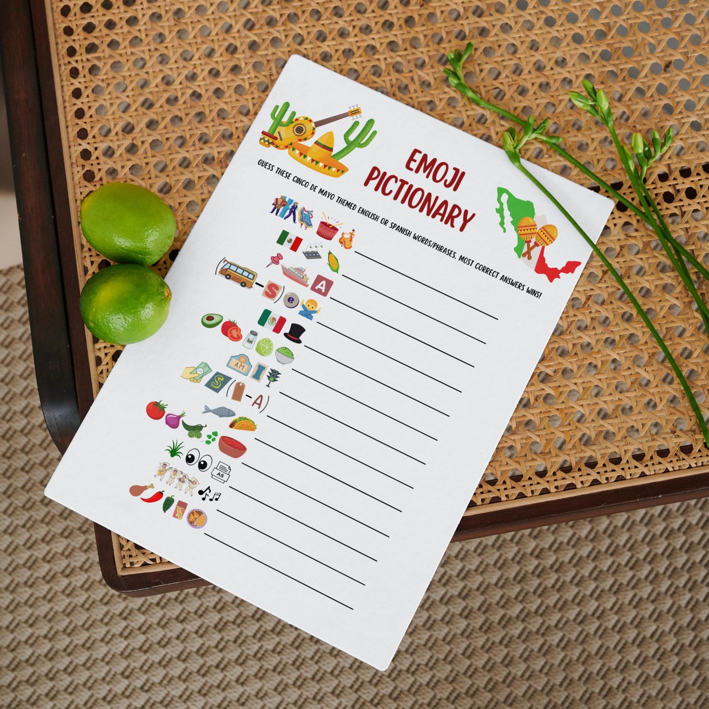 Cinco de Mayo Emoji Pictionary Game Printable, Fun Mexican Party Game Adults & Kids, Work Office Party, Family Fiesta Game, Classroom Game