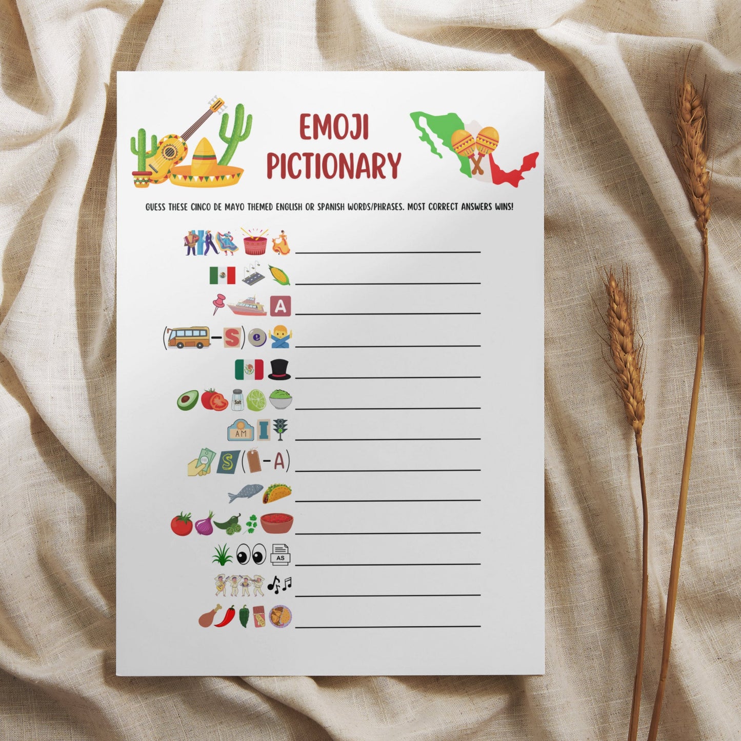 Cinco de Mayo Emoji Pictionary Game Printable, Fun Mexican Party Game Adults & Kids, Work Office Party, Family Fiesta Game, Classroom Game
