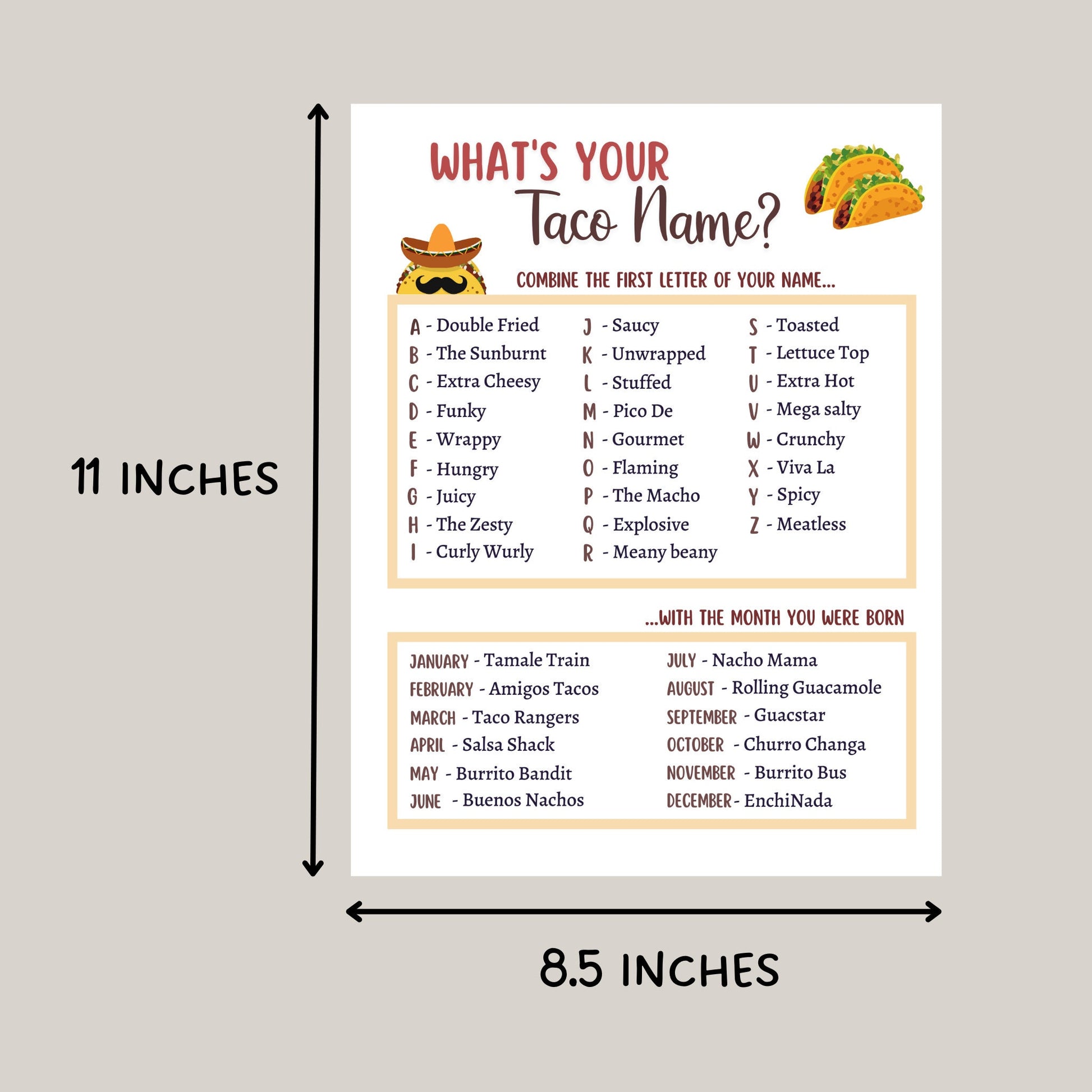 What's Your Taco Name Printable, Cinco De Mayo Party Game, Mexican Fiesta Game Kids And Adults, Fun Classroom Game, Birthday Party Name Game