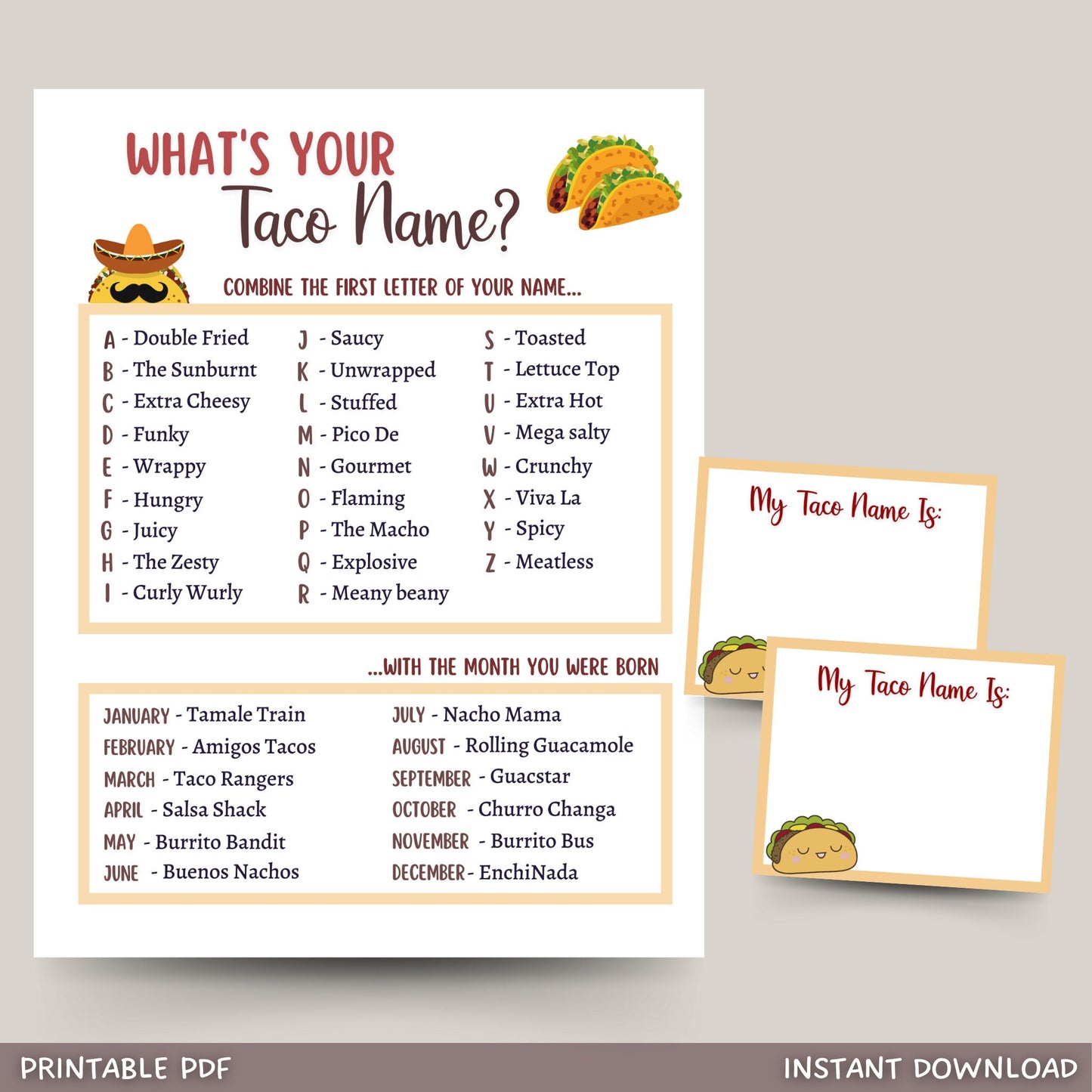 What's Your Taco Name Printable, Cinco De Mayo Party Game, Mexican Fiesta Game Kids And Adults, Fun Classroom Game, Birthday Party Name Game