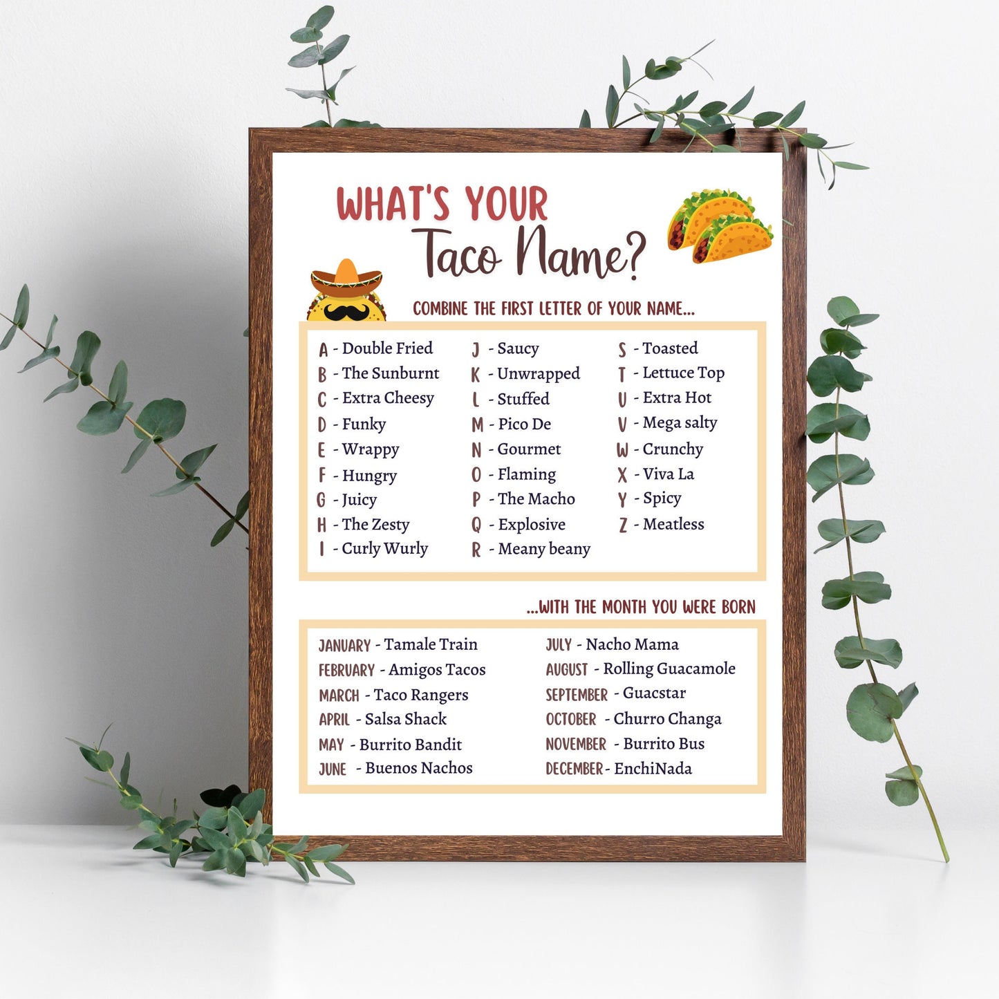 What's Your Taco Name Printable, Cinco De Mayo Party Game, Mexican Fiesta Game Kids And Adults, Fun Classroom Game, Birthday Party Name Game