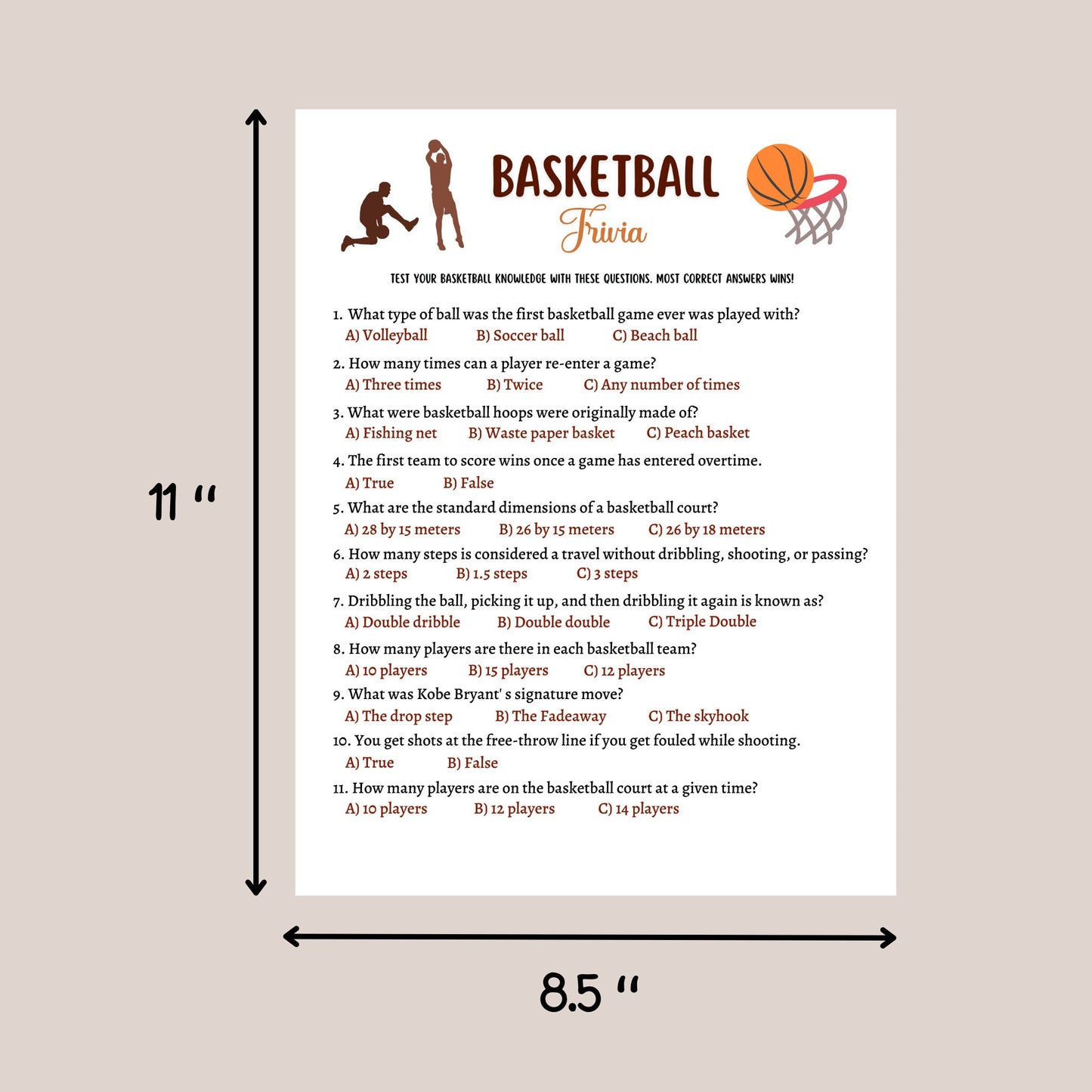 Basketball Trivia Game Printable, Basketball Tailgate Party Game, Activity for Adults And Kids, True or False Game, Classroom Games