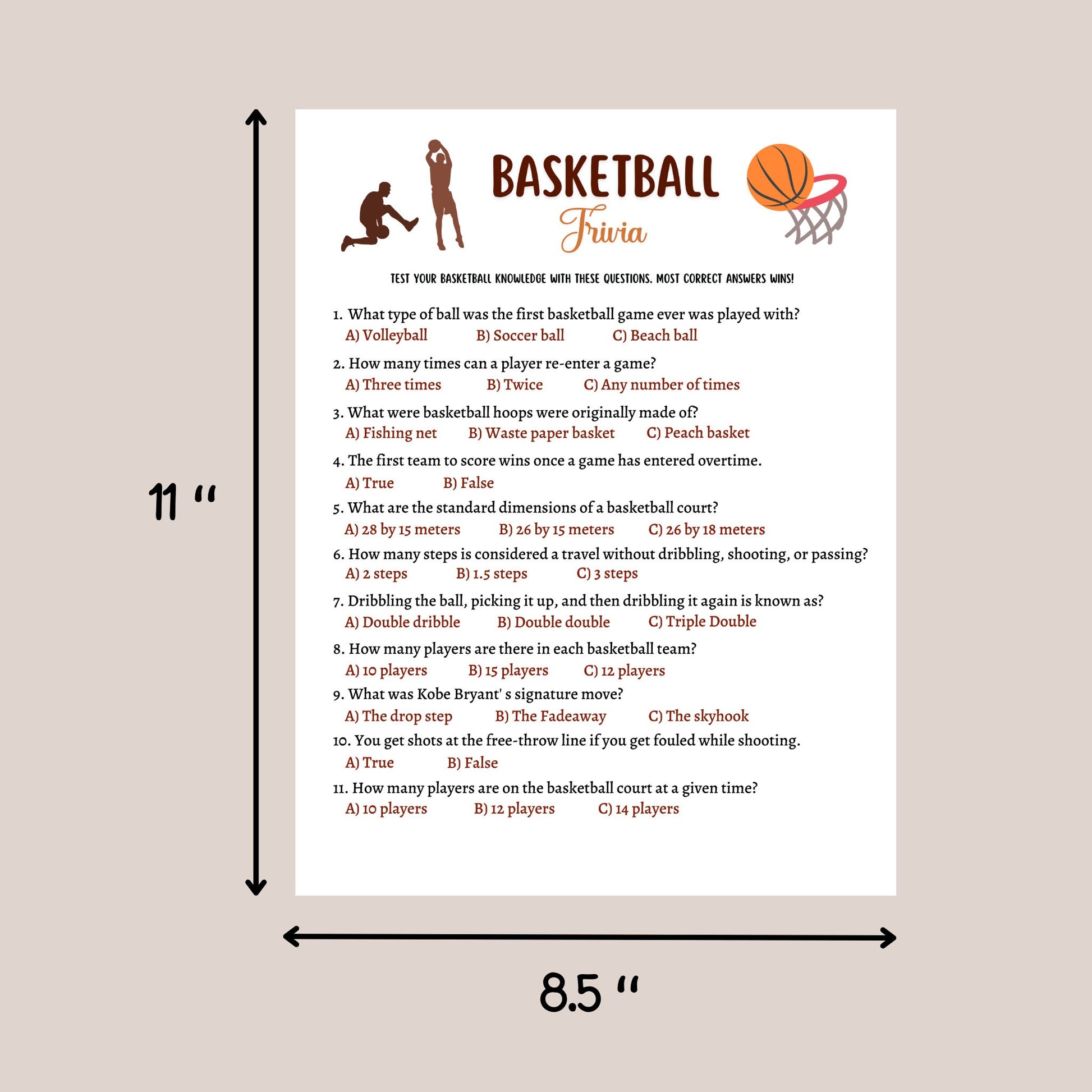 Basketball Trivia Game Printable, Basketball Tailgate Party Game, Activity for Adults And Kids, True or False Game, Classroom Games