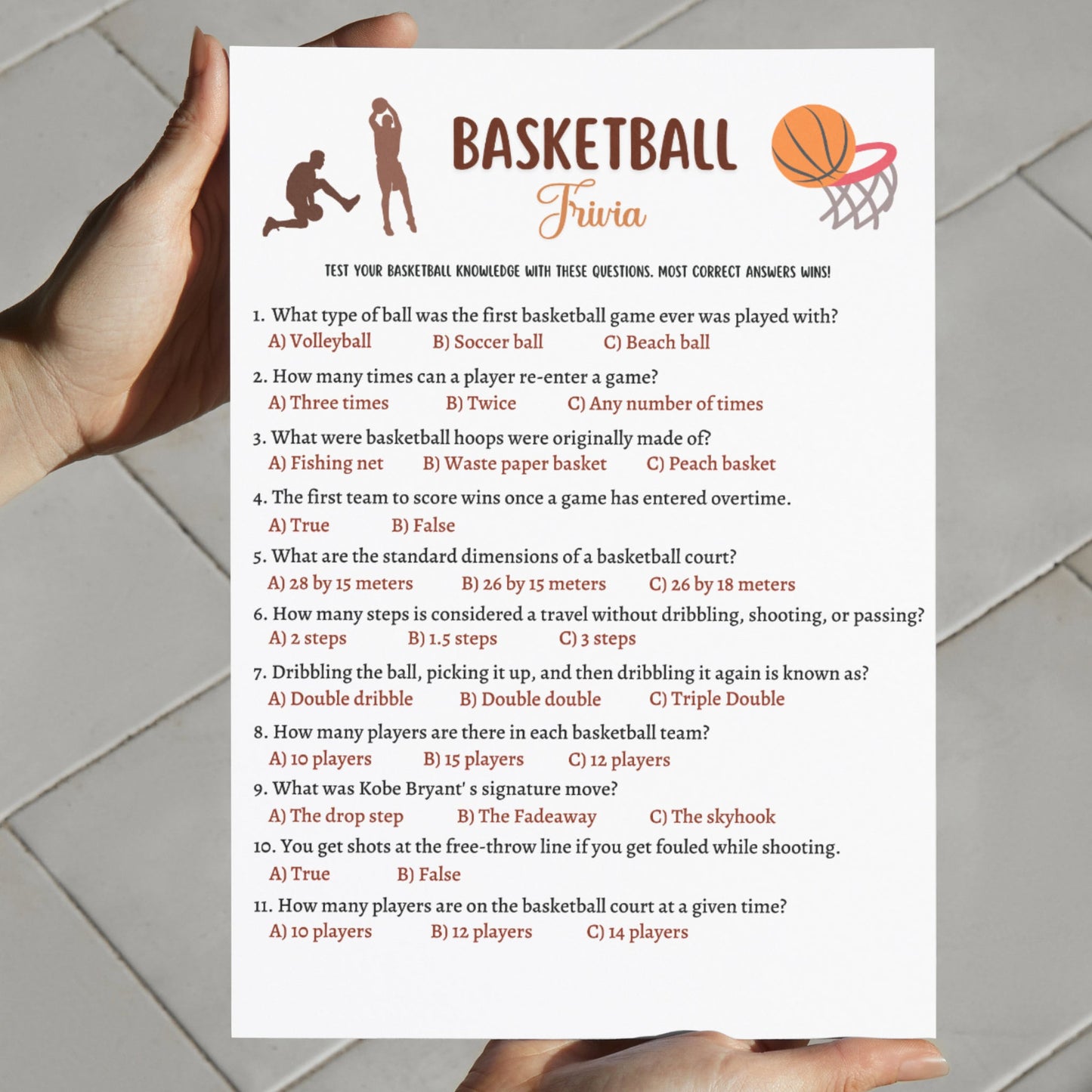 Basketball Trivia Game Printable, Basketball Tailgate Party Game, Activity for Adults And Kids, True or False Game, Classroom Games