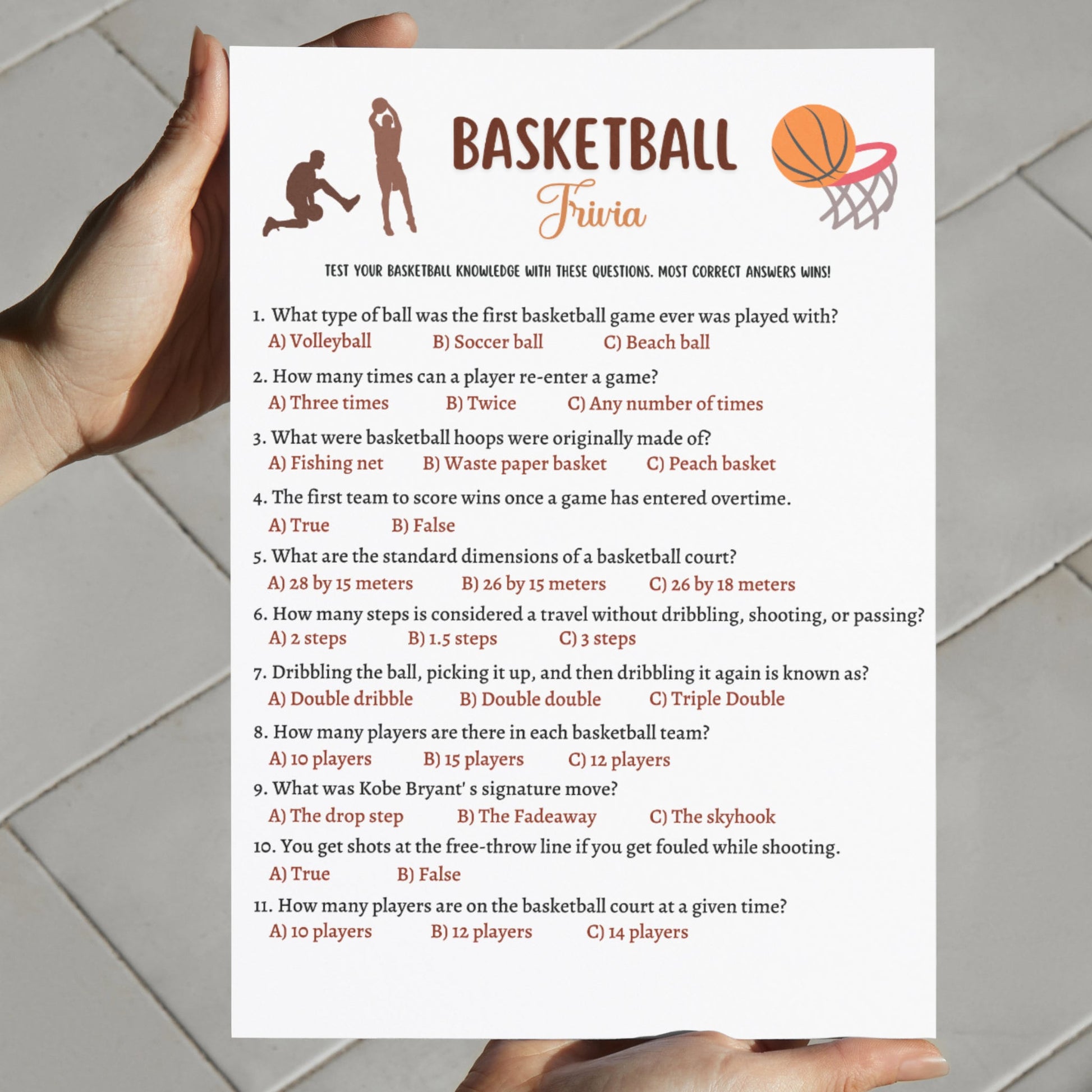 Basketball Trivia Game Printable, Basketball Tailgate Party Game, Activity for Adults And Kids, True or False Game, Classroom Games