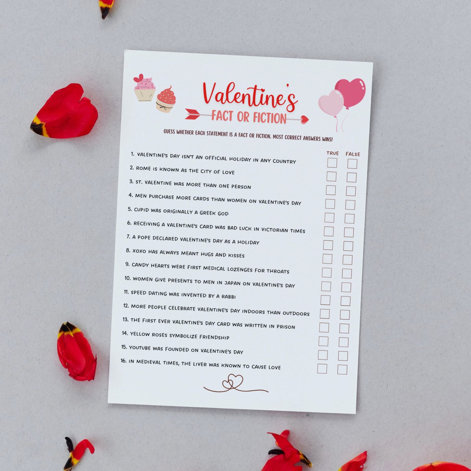 Valentine's Day Fact or Fiction Game Printable, Valentines Game True or False Trivia, Galentines Day Game, Party Game Activity, Adults/Kids