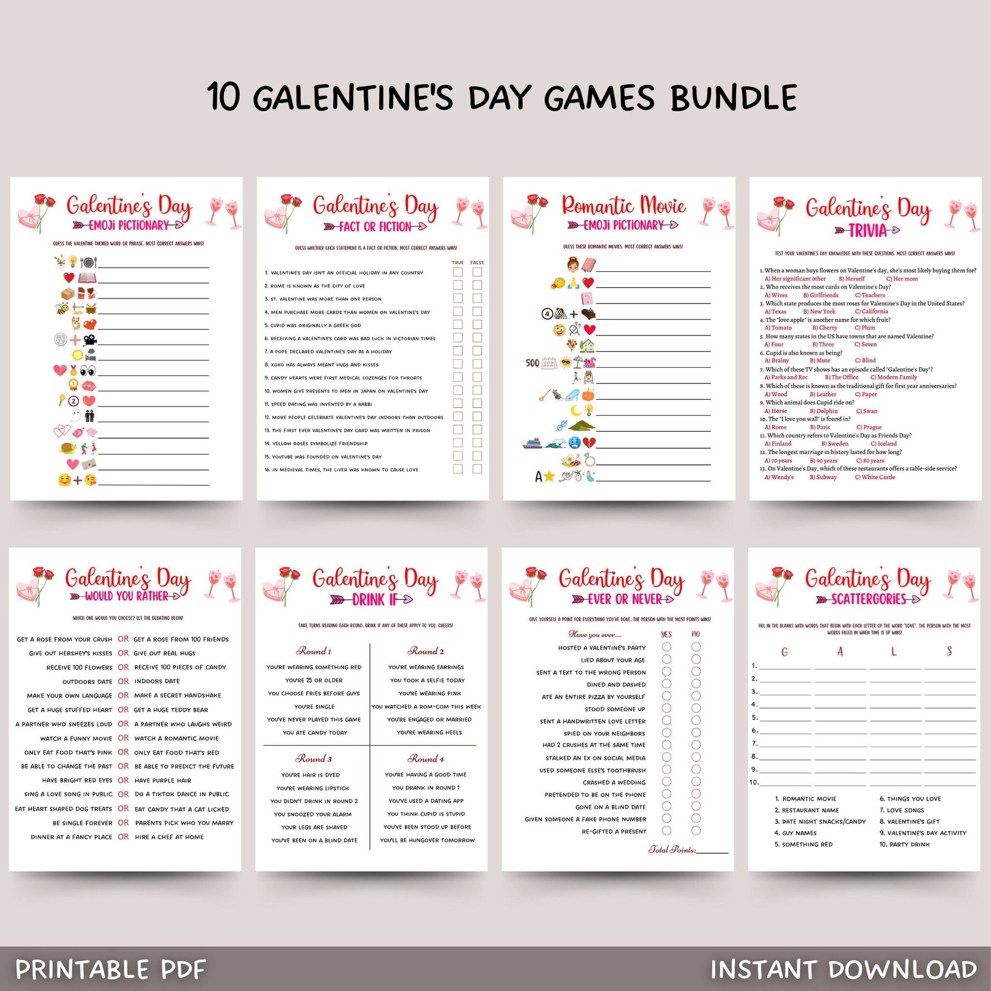 Galentines Day Games Printable, Adult Party Games, Ladies Night Game Ideas, Adults Galentines Day Activity, Valentines Day Girls Night Game