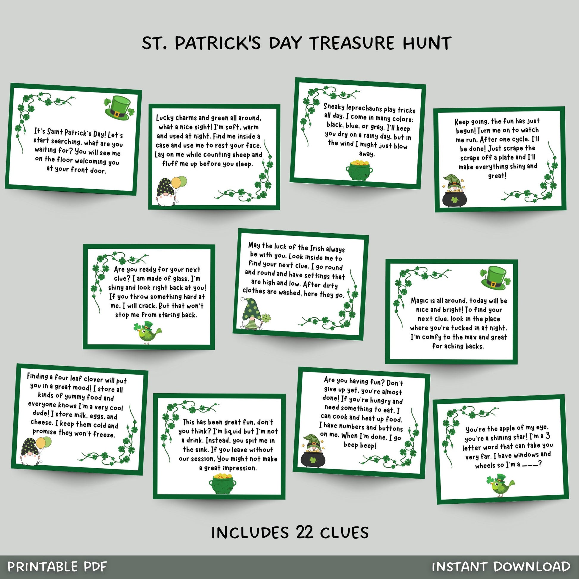 St Patricks Day Scavenger Hunt Printable, St. Patrick's Day Treasure Hunt Clues, Leprechaun Hunt, Party Game, Indoor Activity for Kids