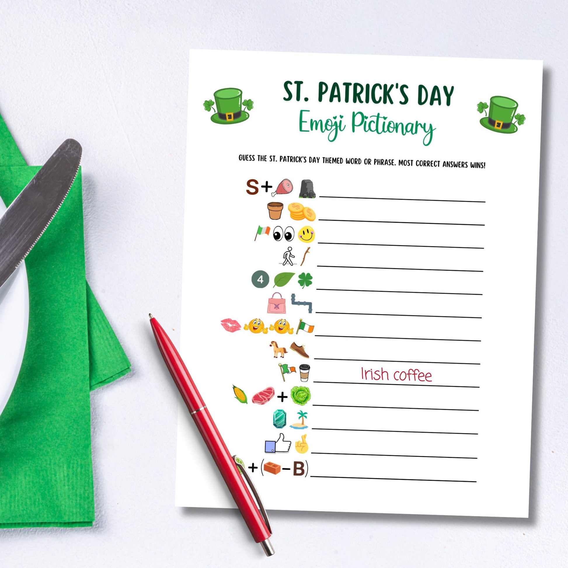 St Patricks Day Emoji Pictionary Game Printable, St Patricks Day Party Game, St. Patty's Activity Adults And Kids, Fun St. Paddy's Day Game