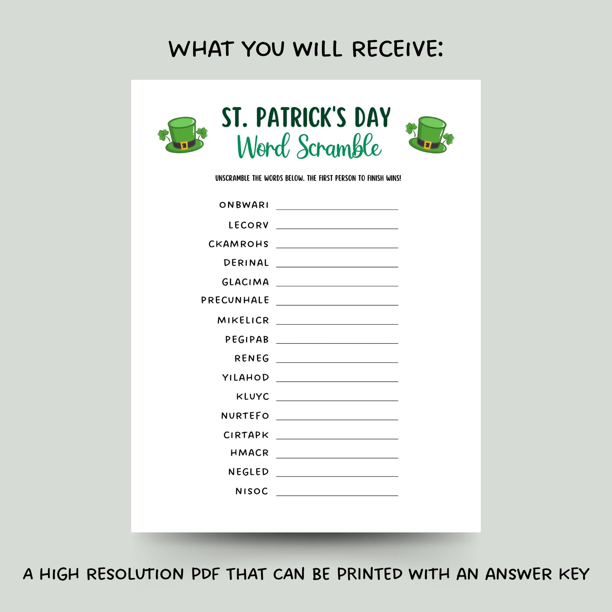 St Patricks Day Word Scramble Game Printable, St. Pattys Day Unscramble Game, Fun St Paddy’s Party Game, Irish Activity for Adults And Kids