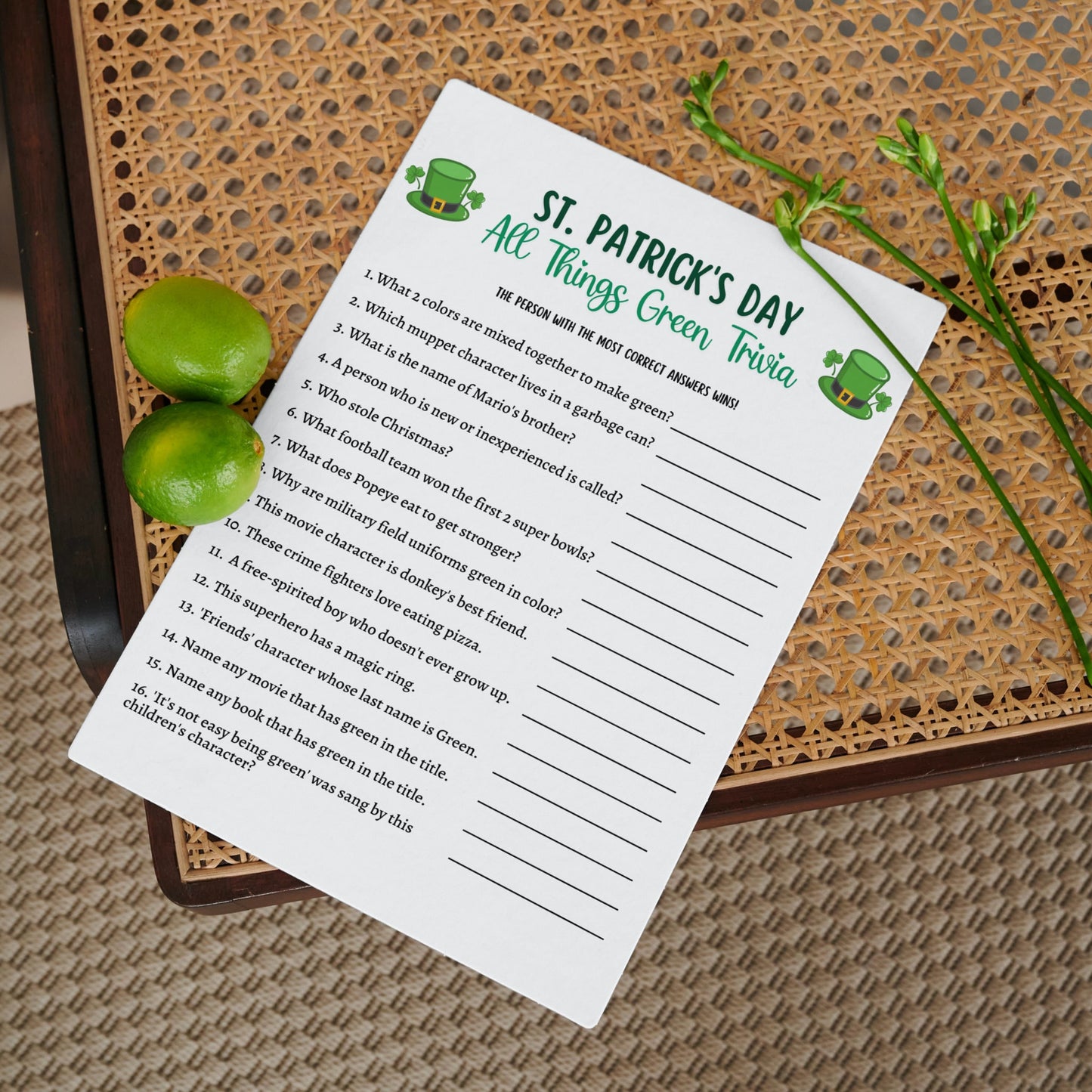 St. Patrick's Day Green Trivia Game Printable, All Things Green Activity Game, St Patricks Games for Kids, St Patty's Day Party Games Adults