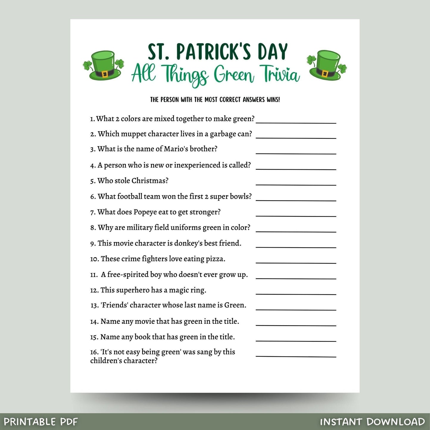 St. Patrick's Day Green Trivia Game Printable, All Things Green Activity Game, St Patricks Games for Kids, St Patty's Day Party Games Adults