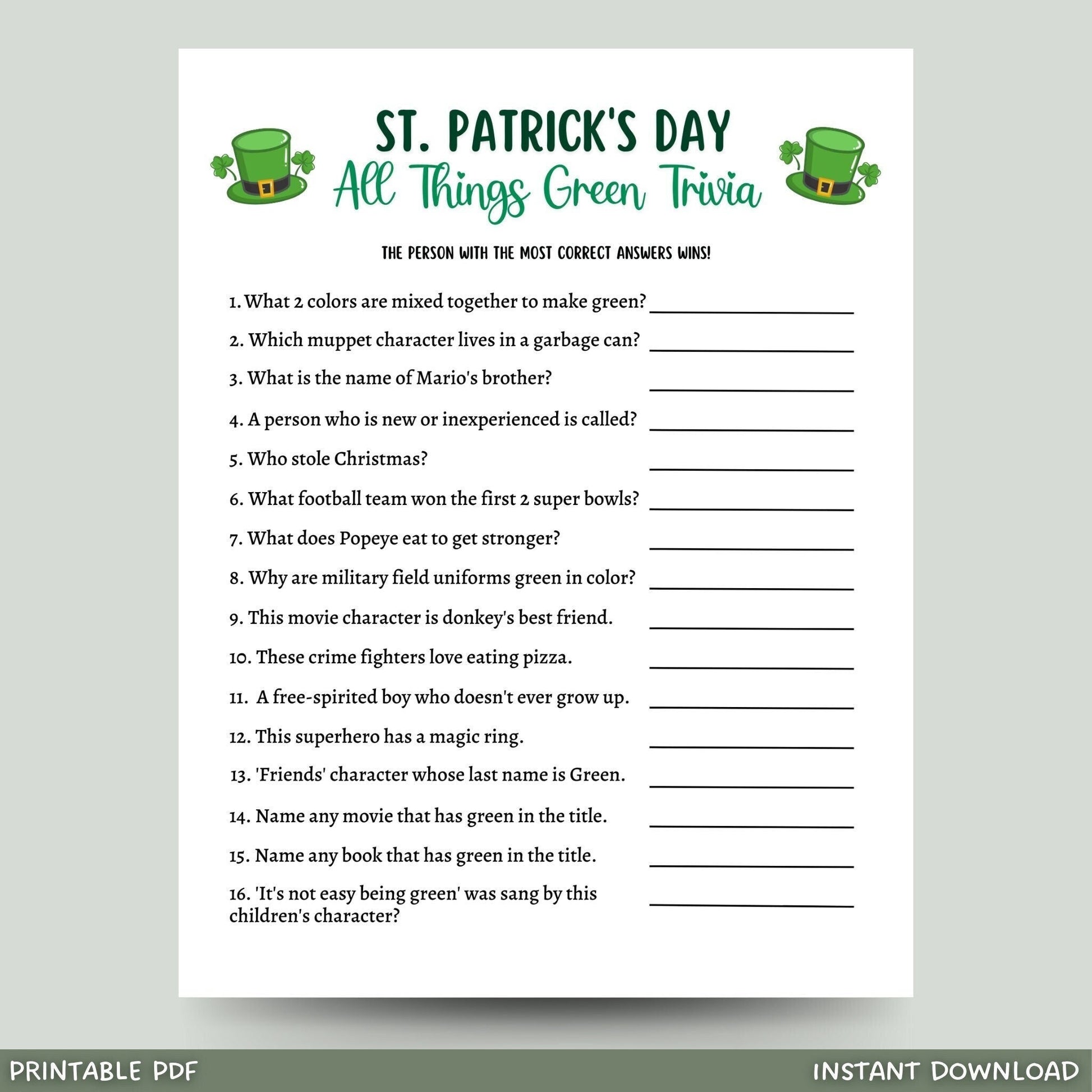St. Patrick's Day Green Trivia Game Printable, All Things Green Activity Game, St Patricks Games for Kids, St Patty's Day Party Games Adults