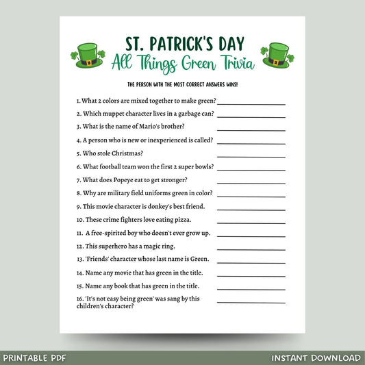 St. Patrick's Day Green Trivia Game Printable, All Things Green Activity Game, St Patricks Games for Kids, St Patty's Day Party Games Adults