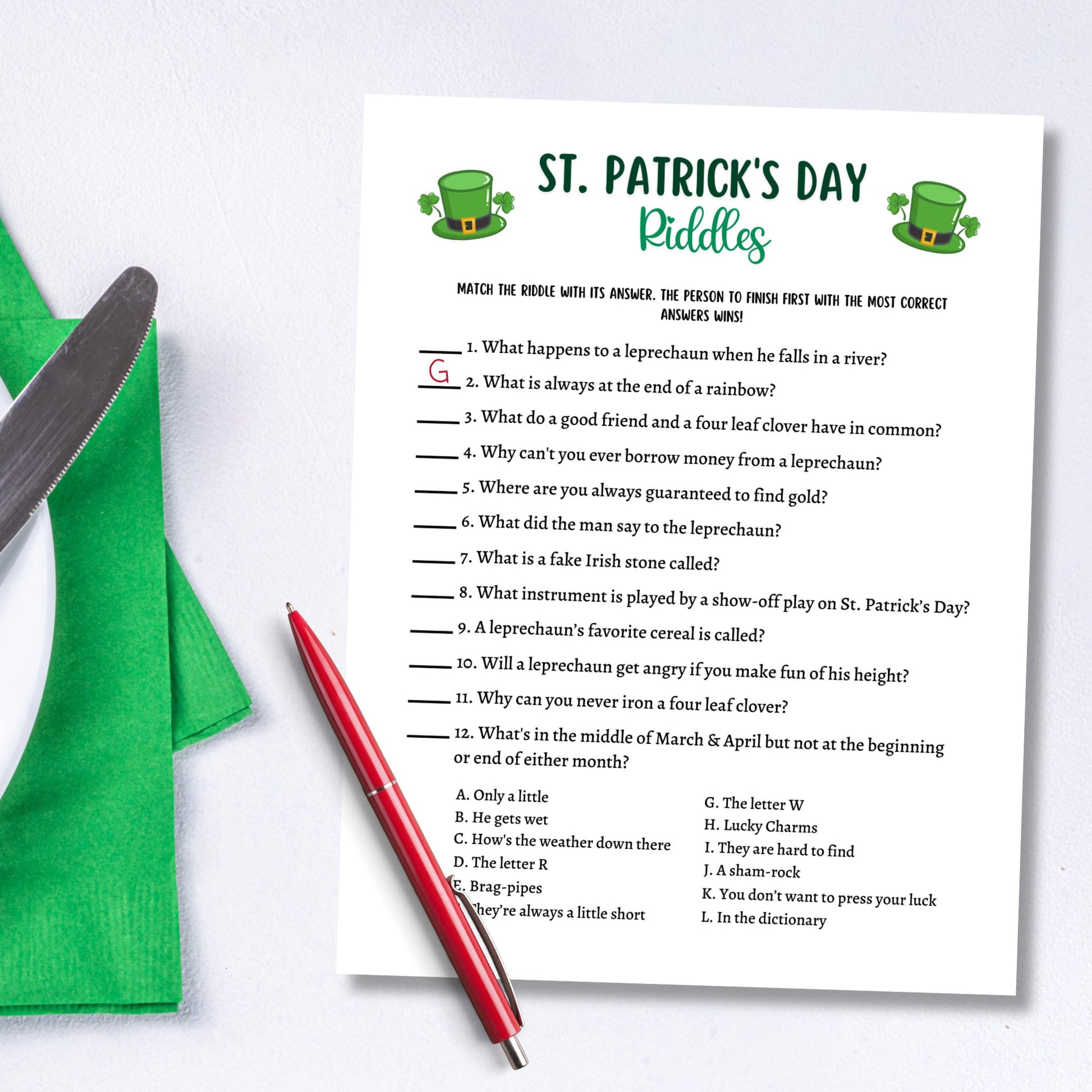 St Patrick's Day Riddles Game Printable, St Pattys Riddle Me This Trivia Activity, Classroom Game, Fun St Paddys Party Game, Kids and Adults