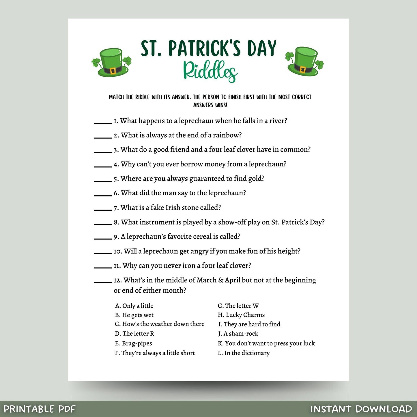 St Patrick's Day Riddles Game Printable, St Pattys Riddle Me This Trivia Activity, Classroom Game, Fun St Paddys Party Game, Kids and Adults
