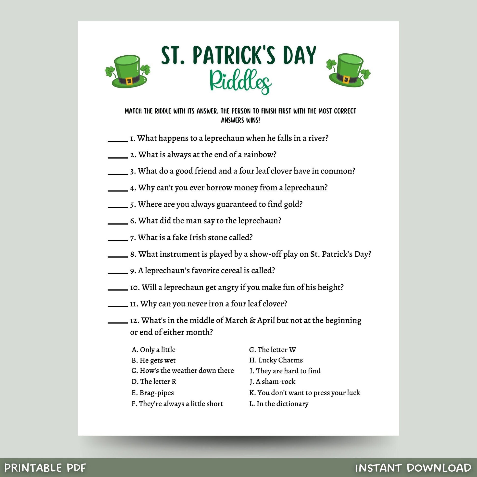 St Patrick's Day Riddles Game Printable, St Pattys Riddle Me This Trivia Activity, Classroom Game, Fun St Paddys Party Game, Kids and Adults